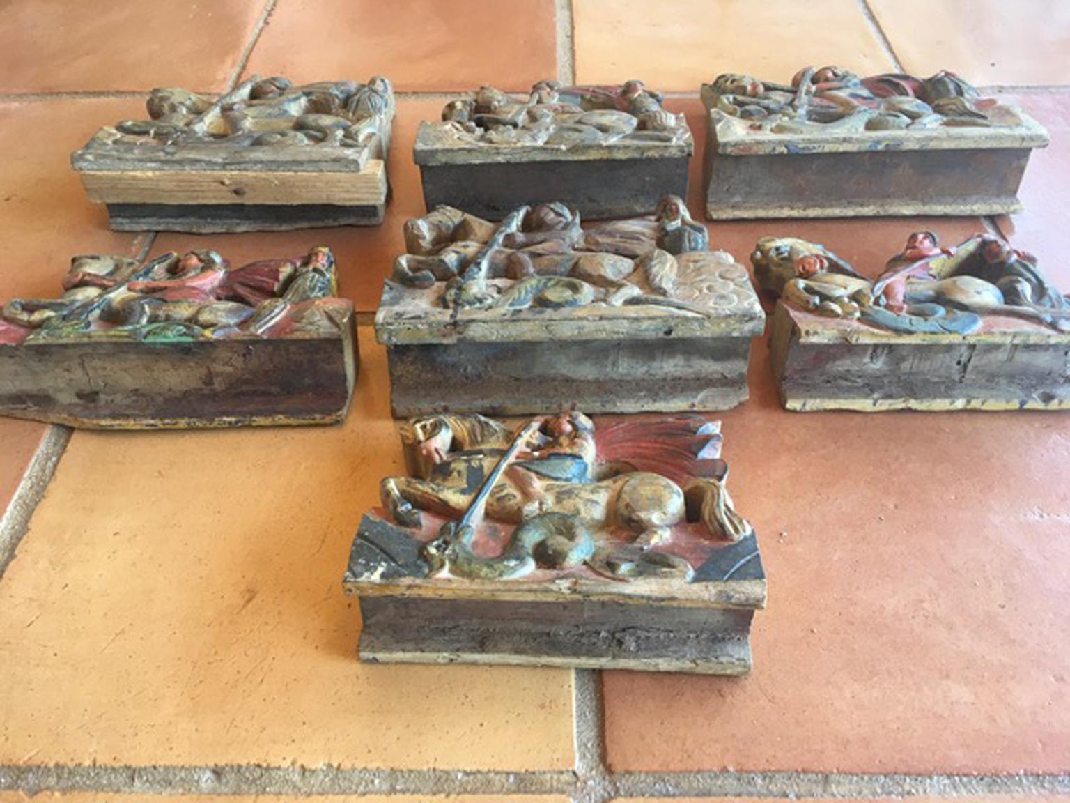 Italy Sicily Late 19th Century Set 7 Kitchen Wooden Tiles with Rural Scenes For Sale 6