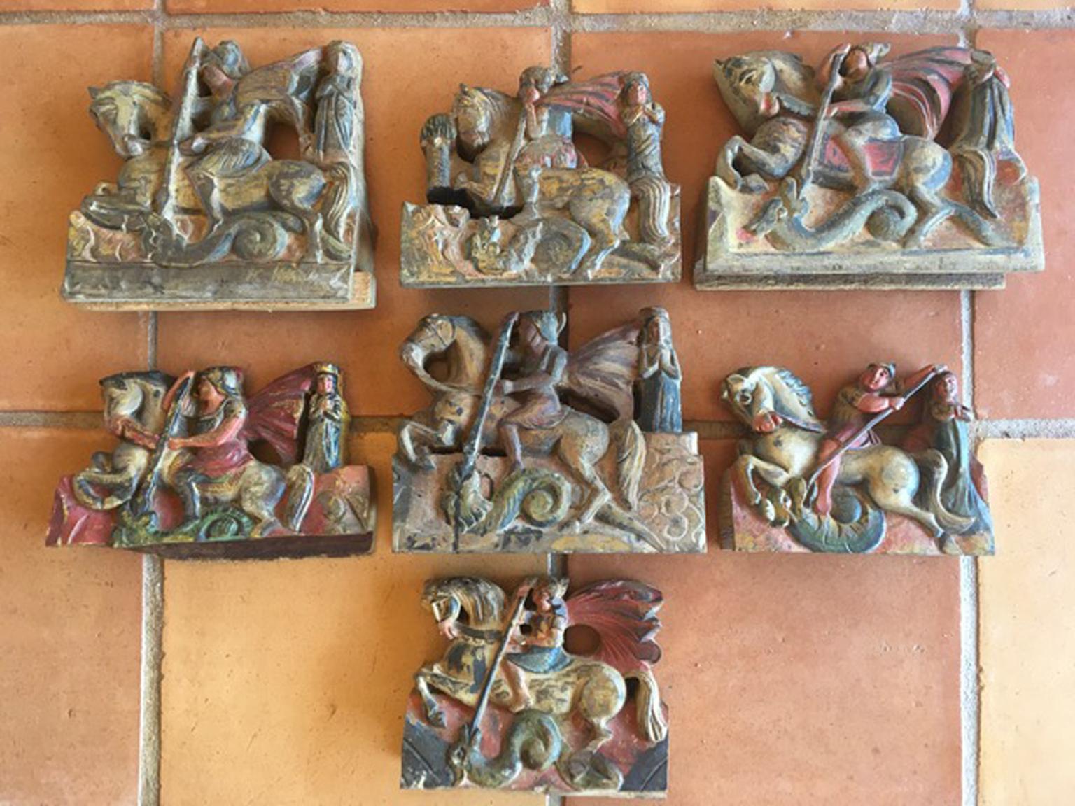 Italian Italy Sicily Late 19th Century Set 7 Kitchen Wooden Tiles with Rural Scenes For Sale
