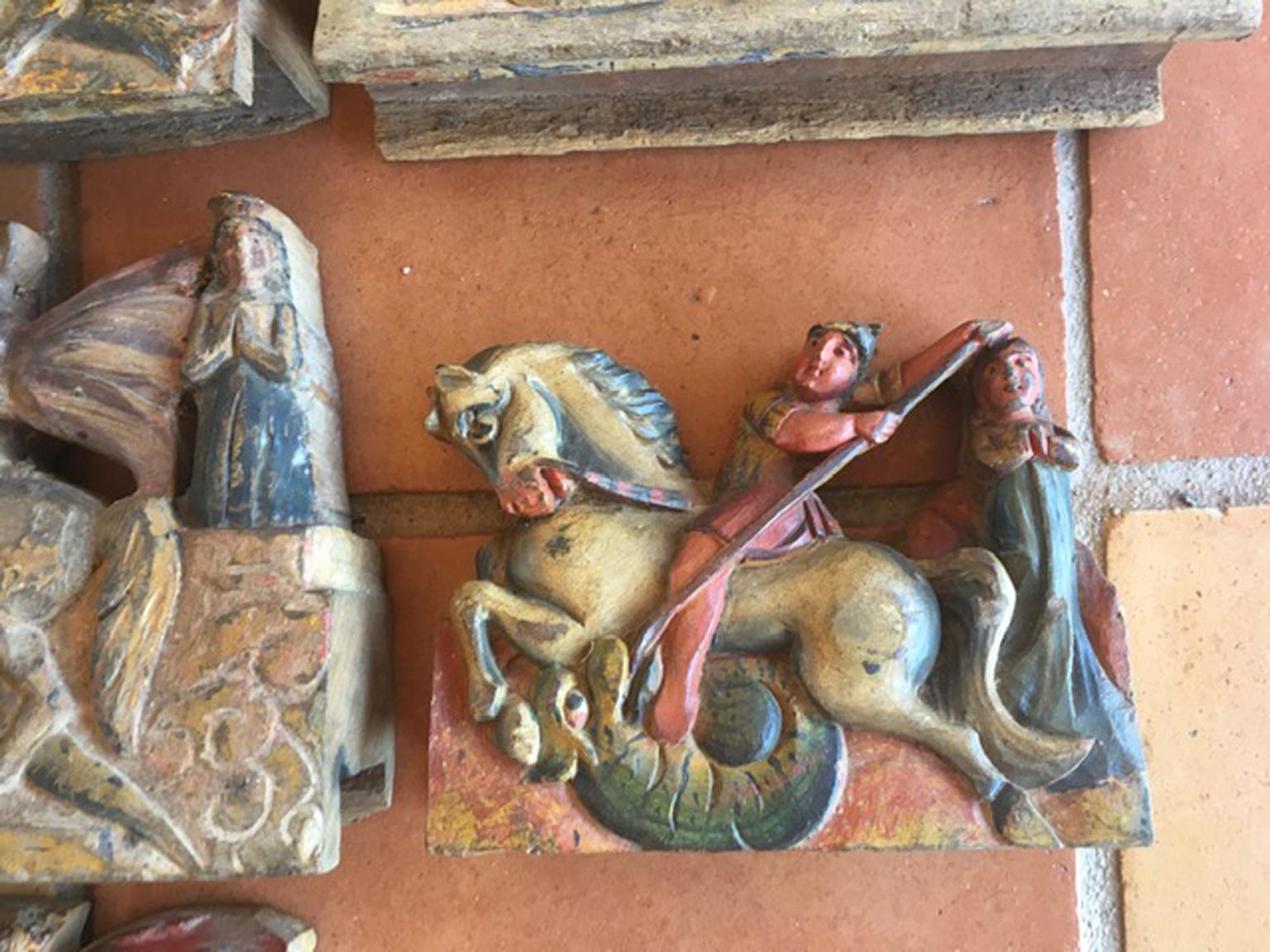 Hand-Carved Italy Sicily Late 19th Century Set 7 Kitchen Wooden Tiles with Rural Scenes For Sale
