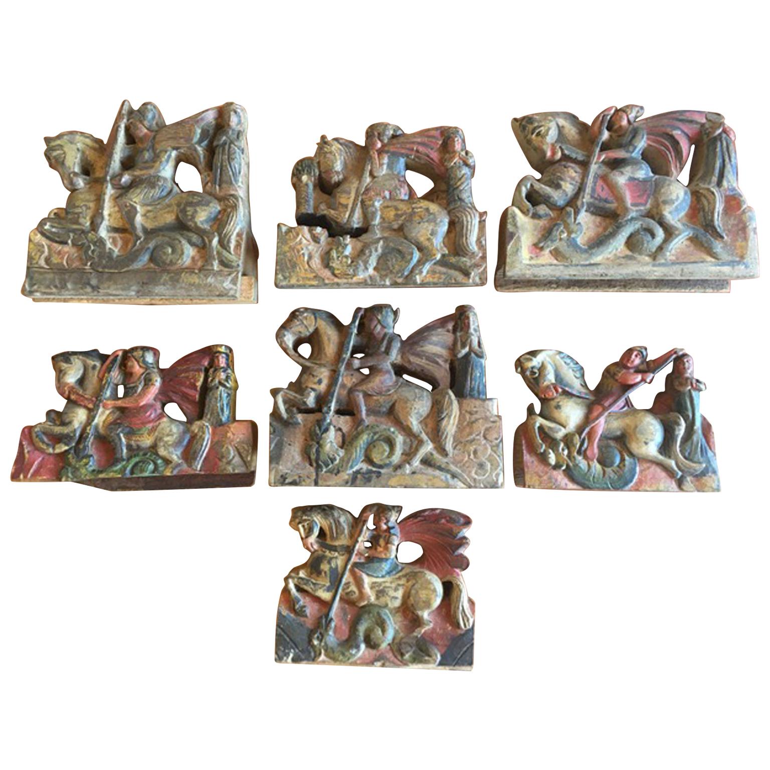 Italy Sicily Late 19th Century Set 7 Kitchen Wooden Tiles with Rural Scenes For Sale