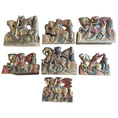 Italy Sicily Late 19th Century Set 7 Kitchen Wooden Tiles with Rural Scenes