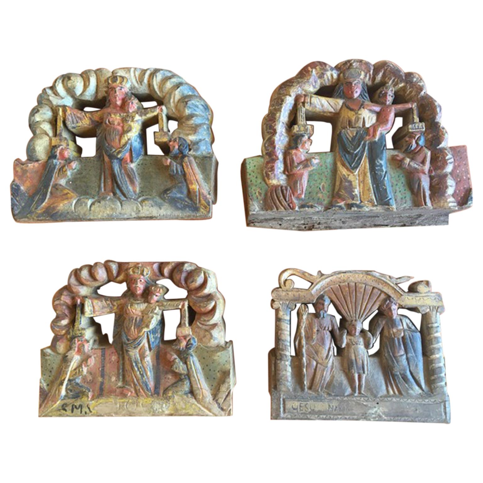 Italy Sicily Late 19th Century Set of 4 Kitchen Wooden Tiles with Rural Scenes For Sale