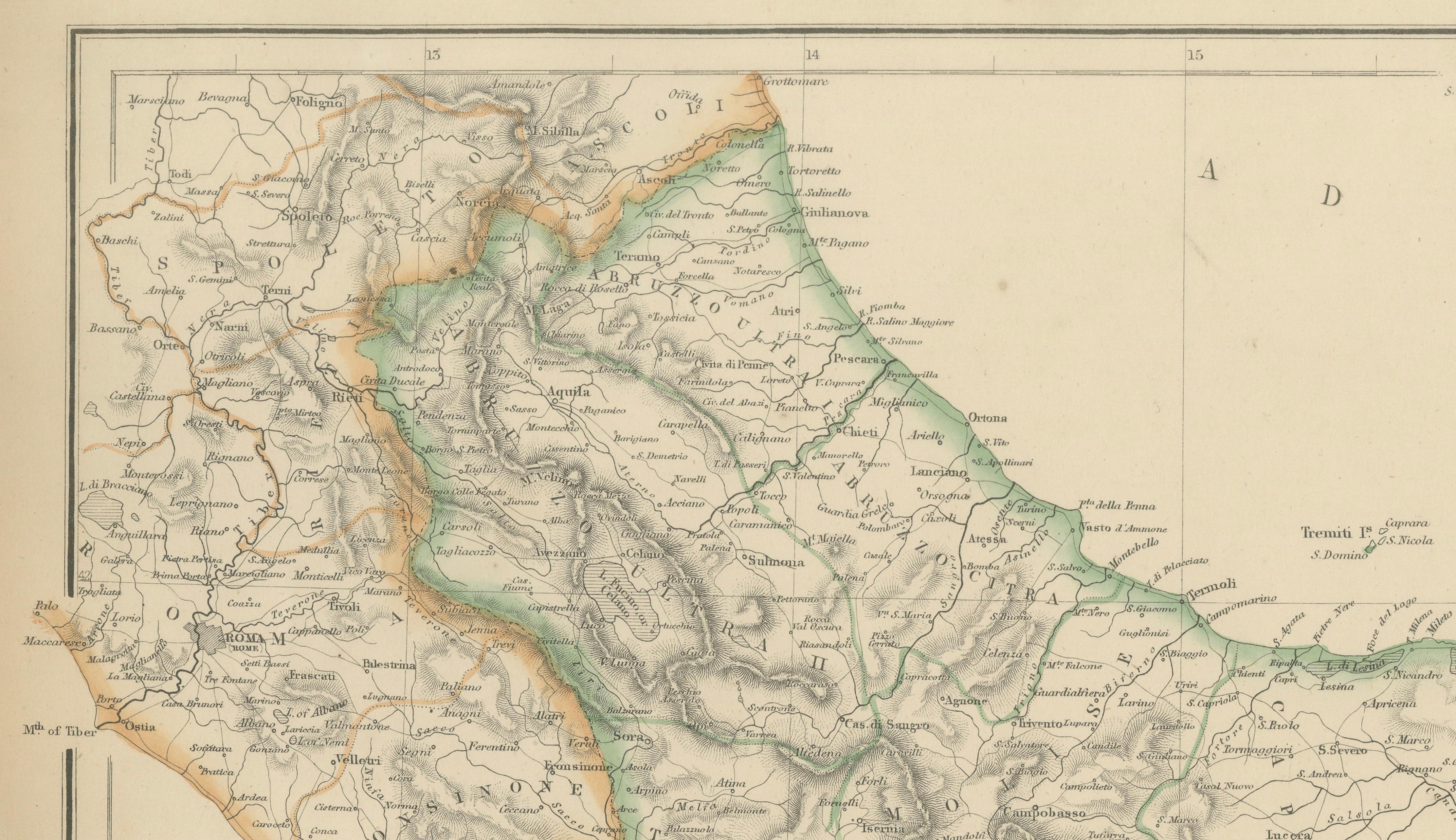 Italy (South Part), Sicily and Malta, Antique Hand-Colored Map, 1860
