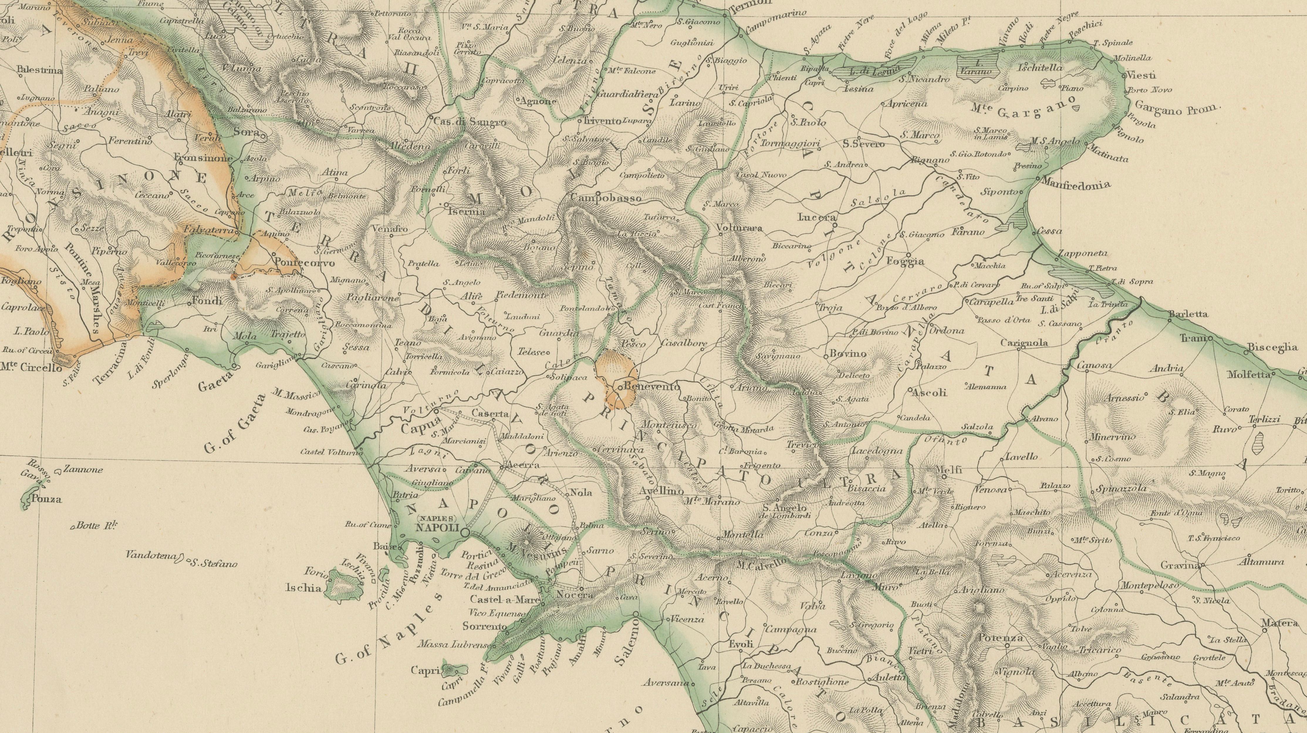 Italy (South Part), Sicily and Malta, Antique Hand-Colored Map, 1860