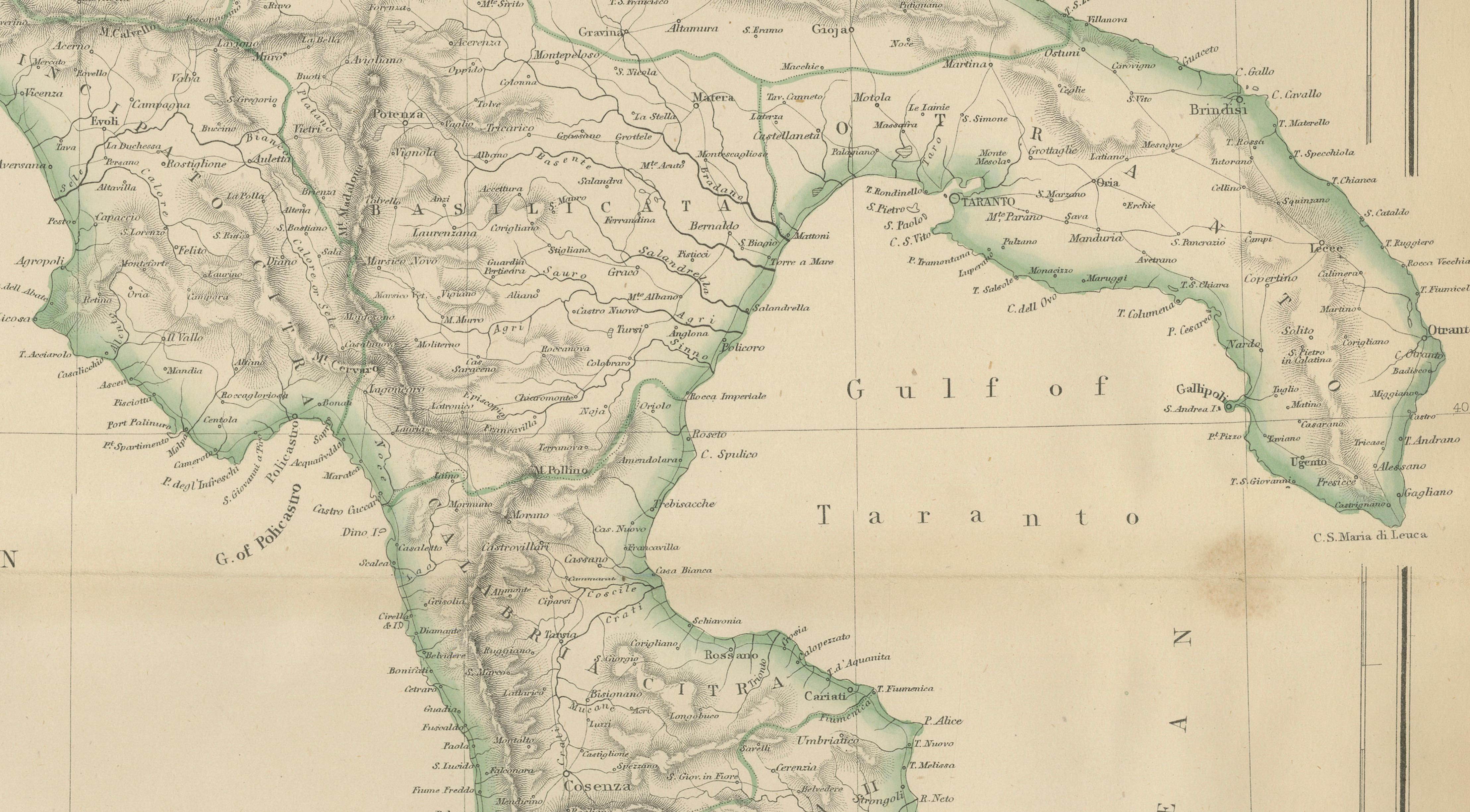 Italy (South Part), Sicily and Malta, Antique Hand-Colored Map, 1860