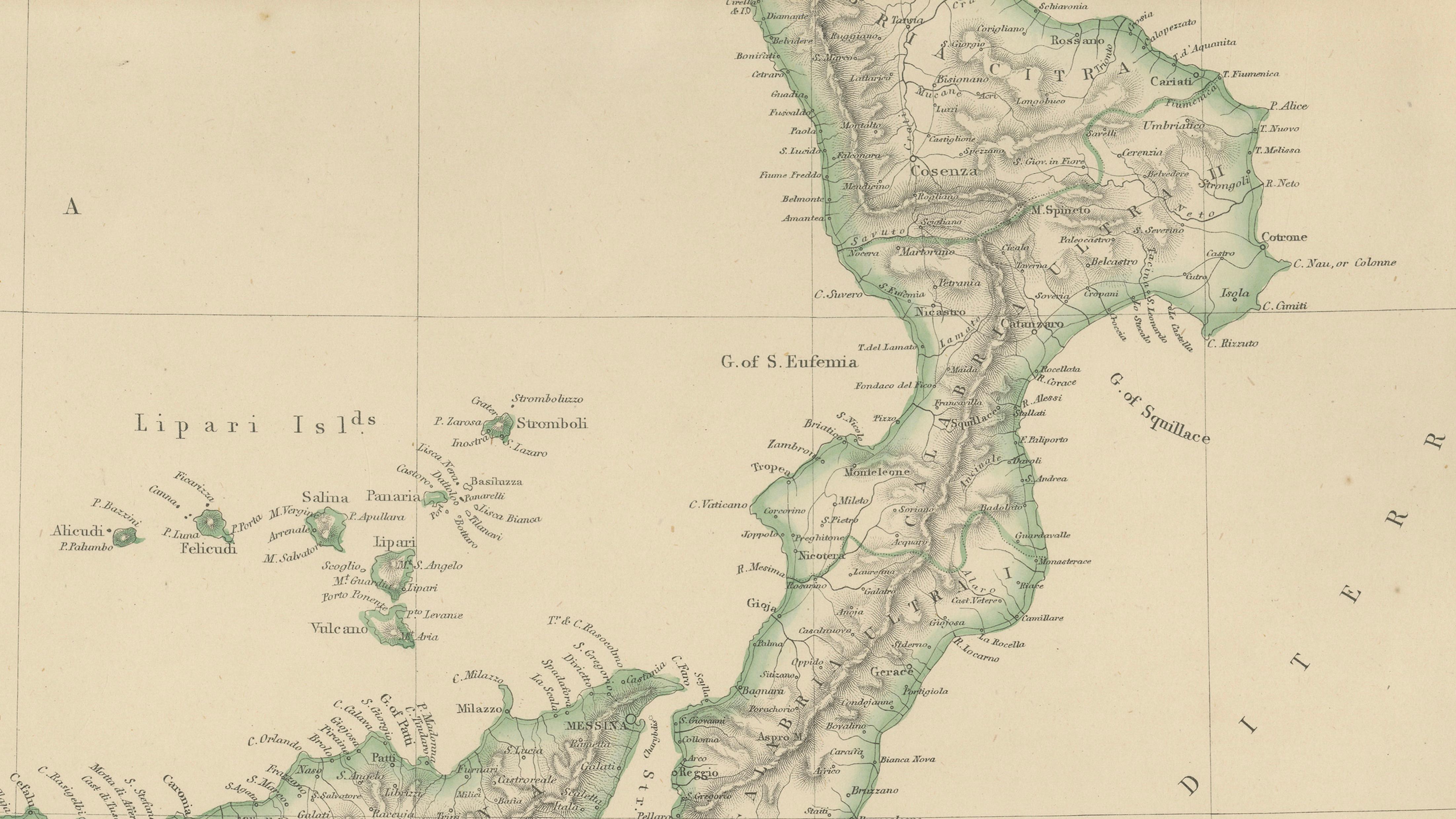 Italy (South Part), Sicily and Malta, Antique Hand-Colored Map, 1860