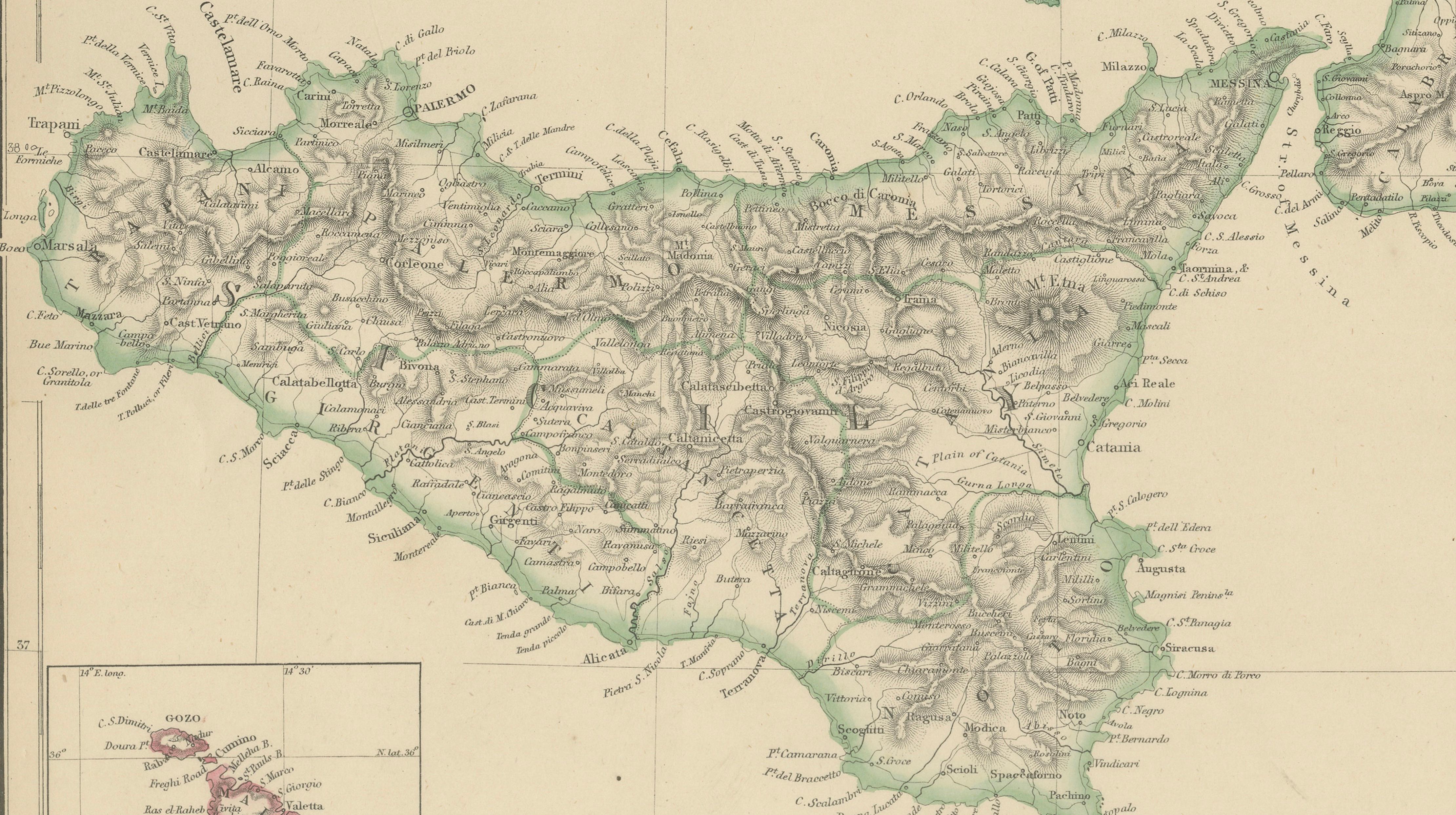 Italy (South Part), Sicily and Malta, Antique Hand-Colored Map, 1860