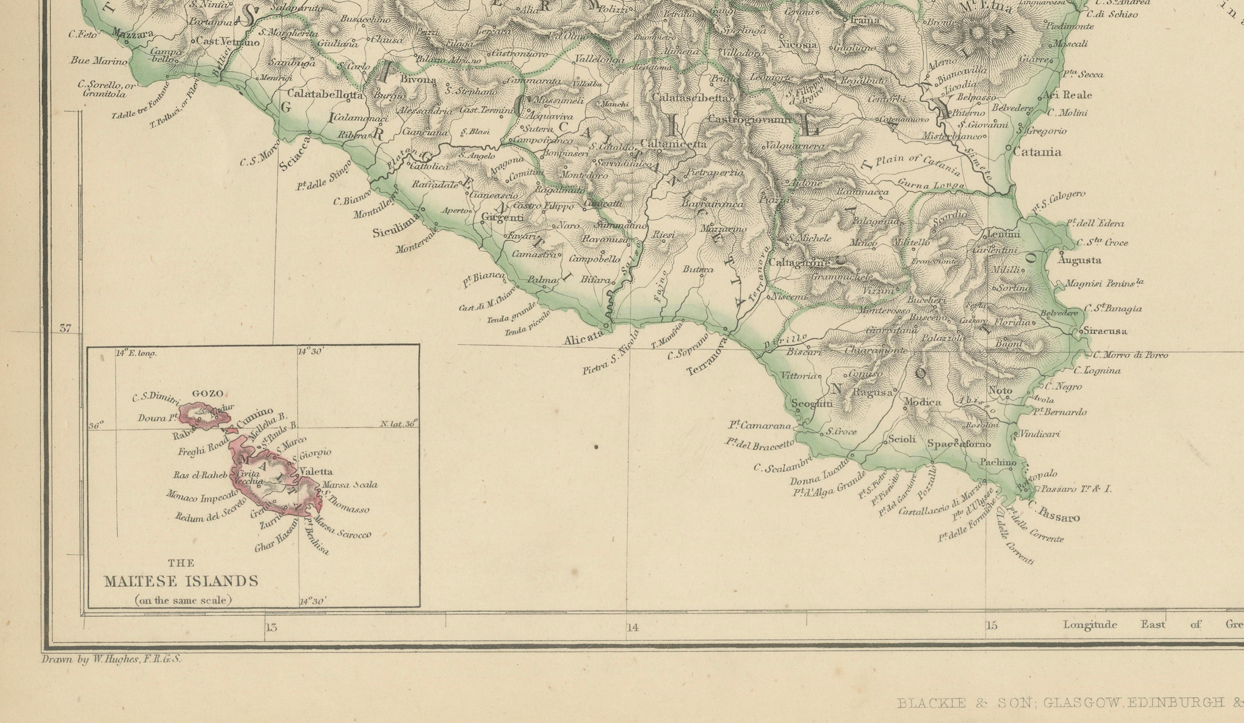 Italy (South Part), Sicily and Malta, Antique Hand-Colored Map, 1860