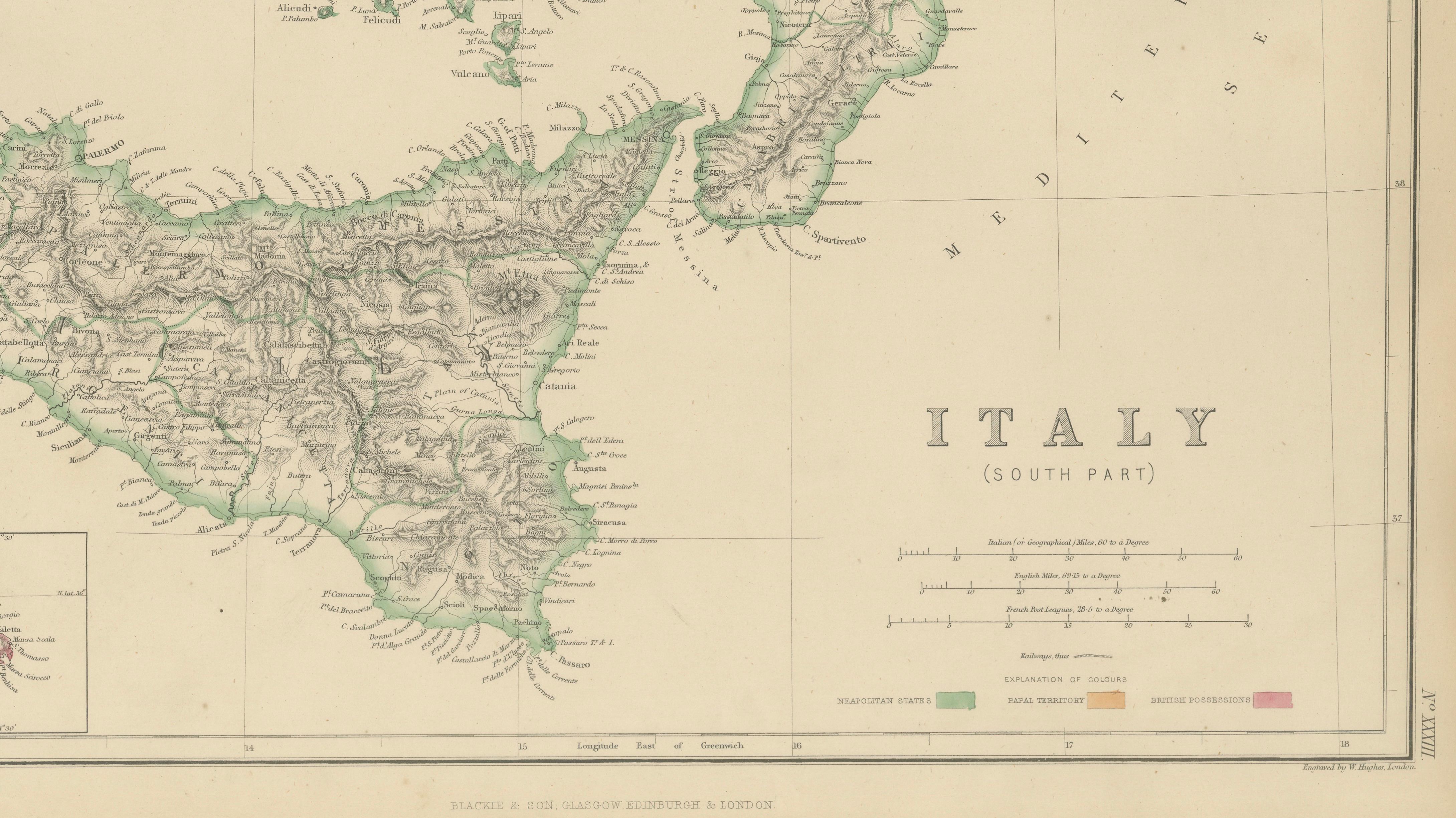 Italy (South Part), Sicily and Malta, Antique Hand-Colored Map, 1860