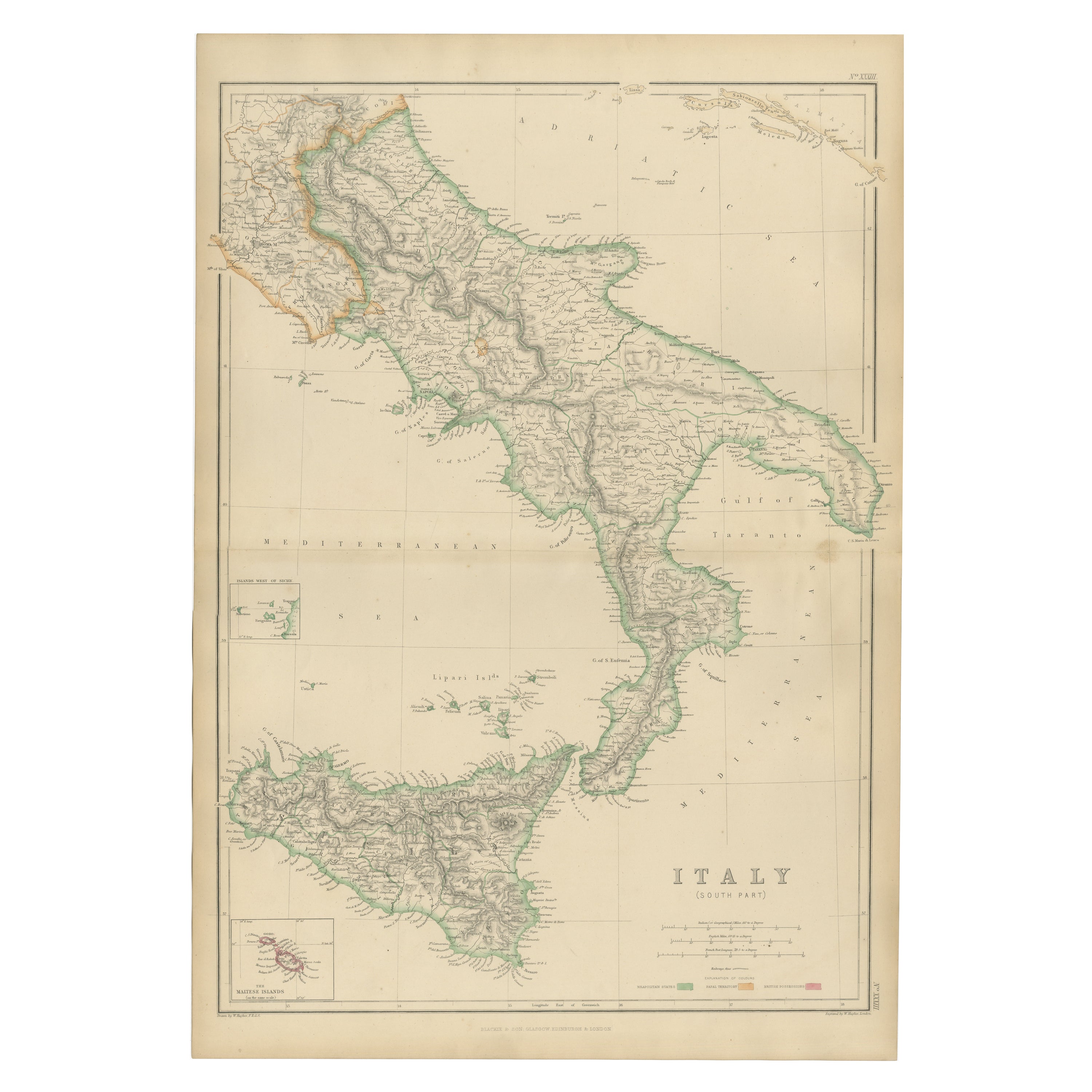 Italie (South One), Sicile et Malte, carte ancienne coloriée à la main, 1860