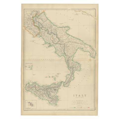 Italy (South Part), Sicily and Malta, Antique Hand-Colored Map, 1860