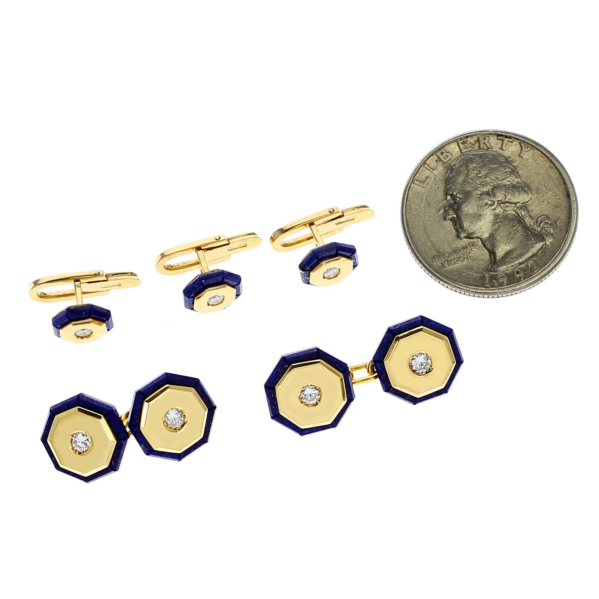 A Lapis and Gold Dress Shirt Pins and Cufflink Set stamped 18K and Italy. The total weight is 14.91 grams. There are 2 pairs of cufflinks (1.1CM each) and 3 shirt pins (0.70CM each)
