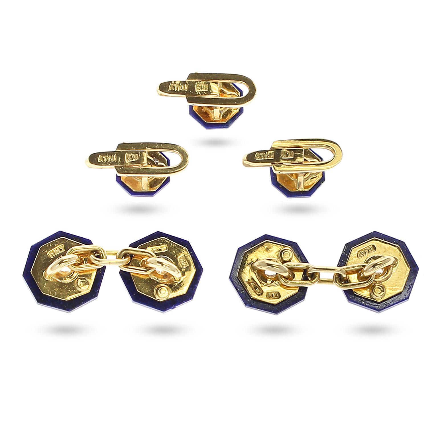 Round Cut Italy Stamped Lapis and Gold Dress Shirt Pins and Cufflink Set, 18K Yellow Gold