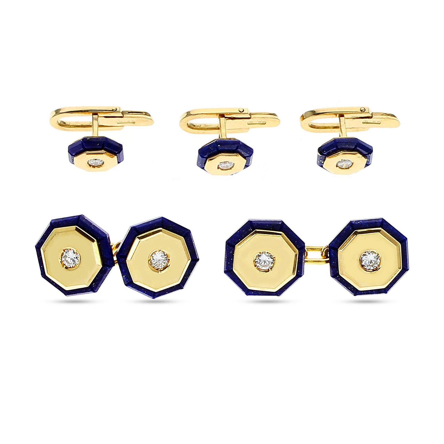Italy Stamped Lapis and Gold Dress Shirt Pins and Cufflink Set, 18K Yellow Gold In Excellent Condition In New York, NY