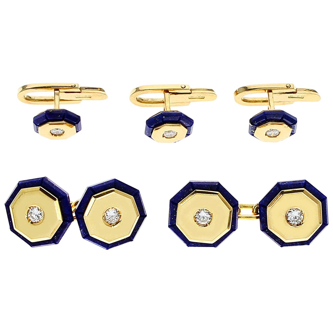 Italy Stamped Lapis and Gold Dress Shirt Pins and Cufflink Set, 18K