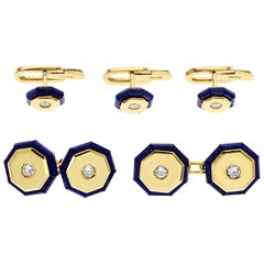 Italy Stamped Lapis and Gold Dress Shirt Pins and Cufflink Set, 18K Yellow Gold