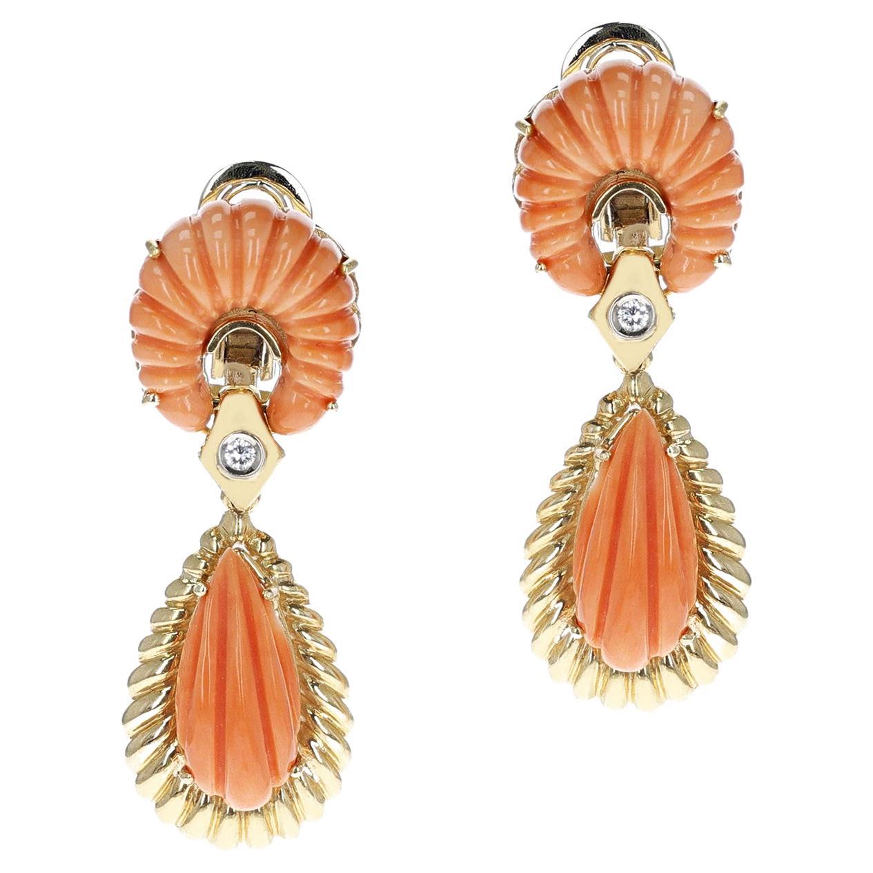 Italy Van Cleef & Arpels Carved Coral Drop Clip-on Earrings with Diamond, 18K For Sale
