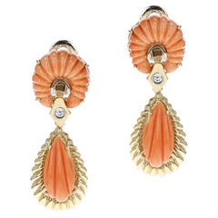Italy Van Cleef & Arpels Carved Coral Drop Clip-on Earrings with Diamond, 18K