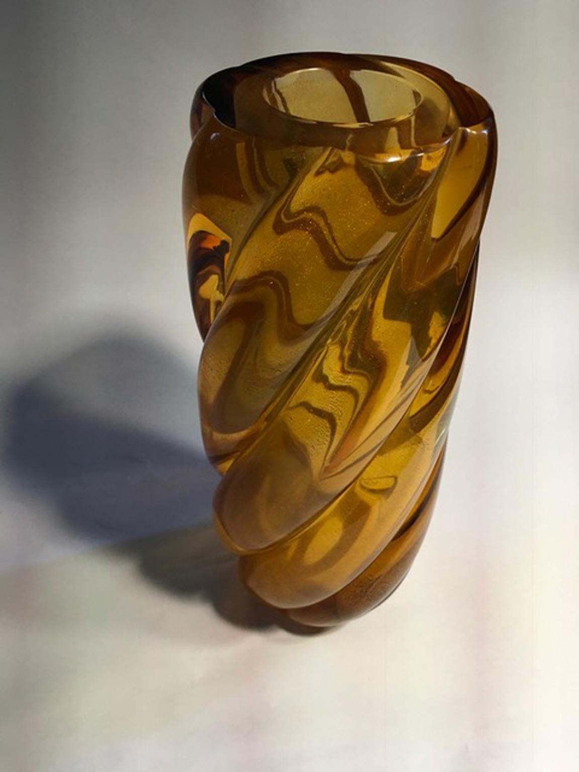 Italy Seguso Murano Mid-Century Modern Design Amber Color Blown Glass Vase 7