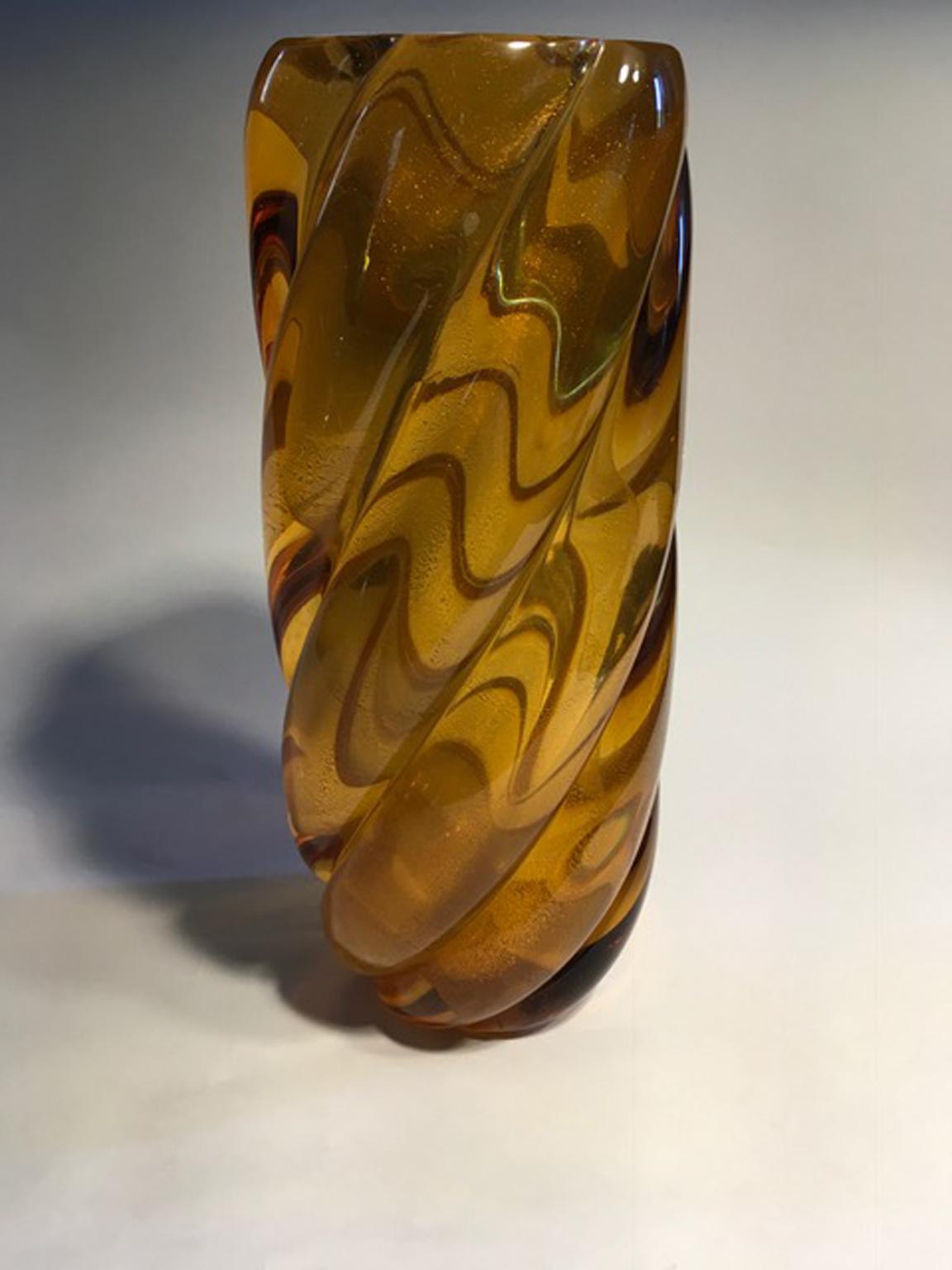 Italy Seguso Murano Mid-Century Modern Design Amber Color Blown Glass Vase 2