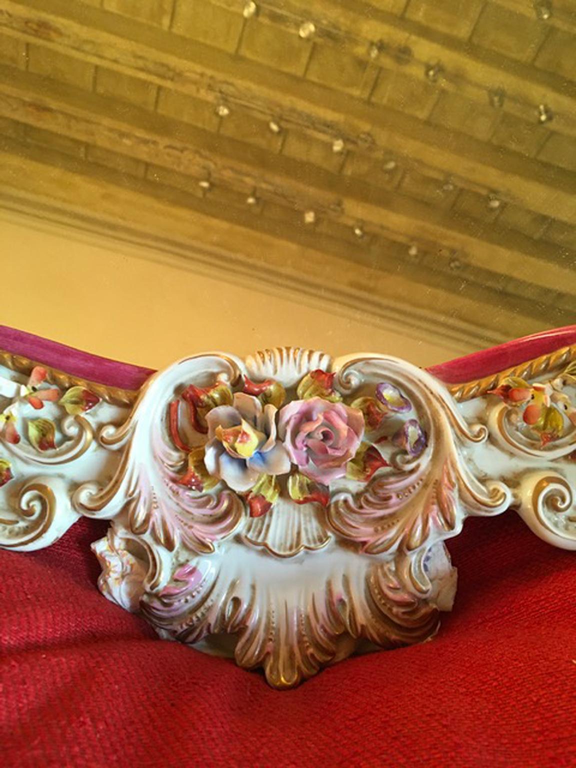 Baroque Italy Mid-20th Century Capodimonte Porcelain Mirror with Flowers