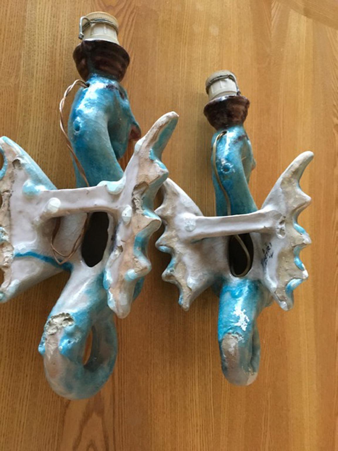 Italy Vintage Pair Blue Ceramic Sea Horse Wall Lights  4