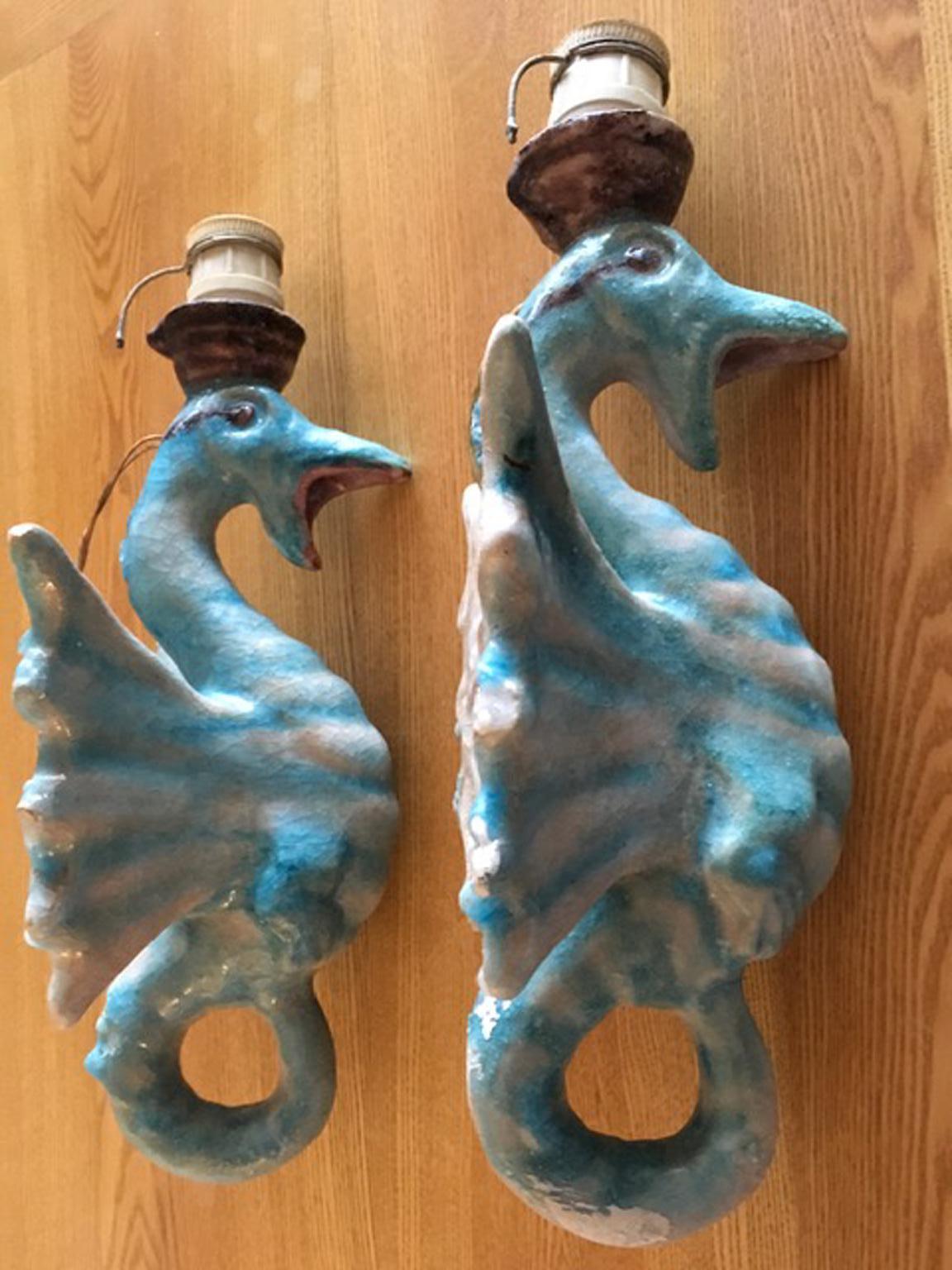 Italy Vintage Pair Blue Ceramic Sea Horse Wall Lights  5