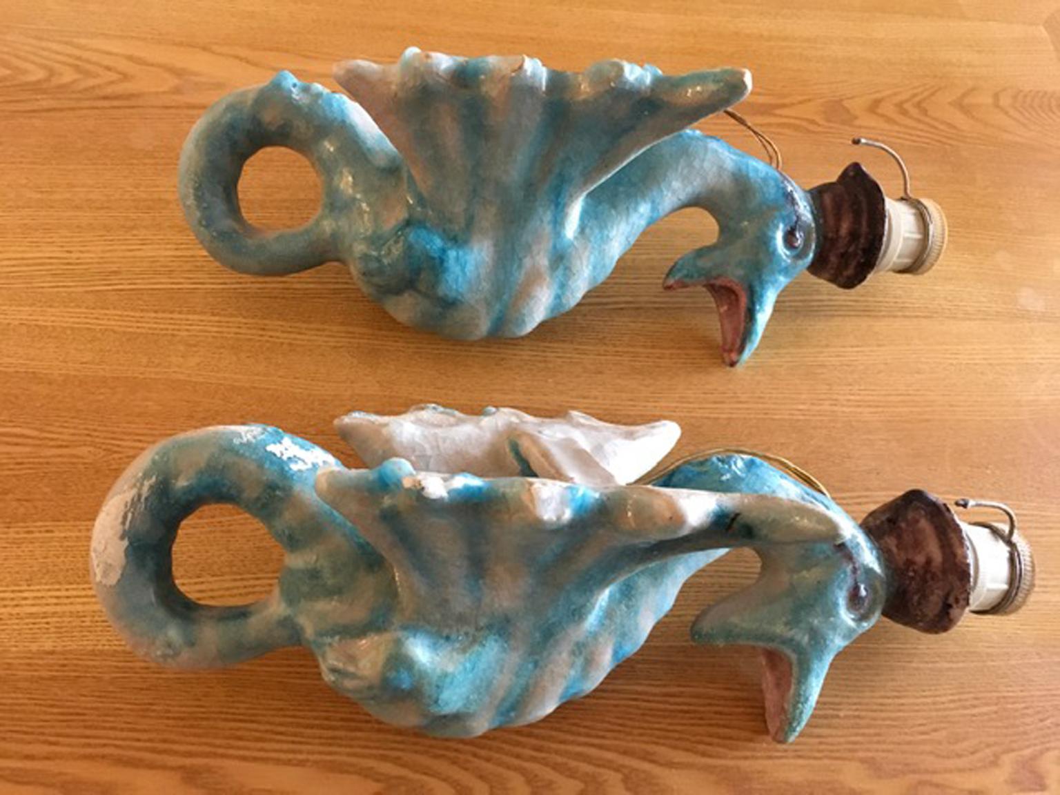 Italy Vintage Pair Blue Ceramic Sea Horse Wall Lights  6