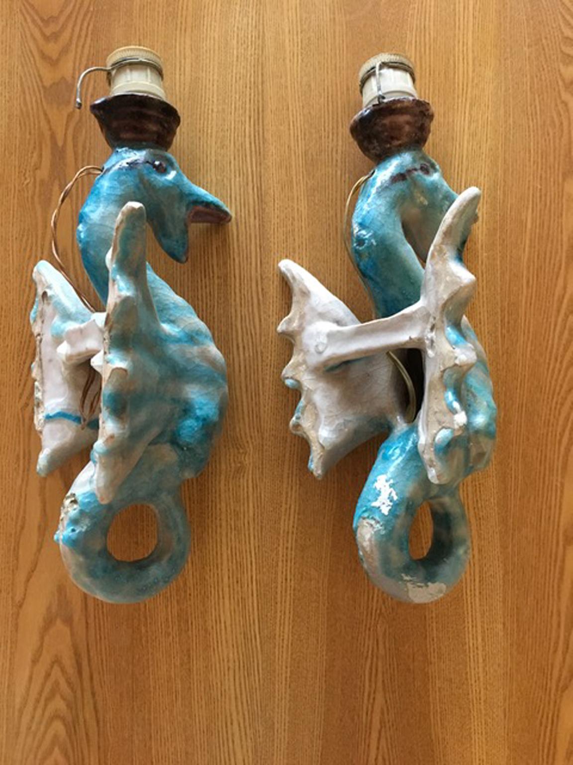 Hand-Crafted Italy Vintage Pair Blue Ceramic Sea Horse Wall Lights 
