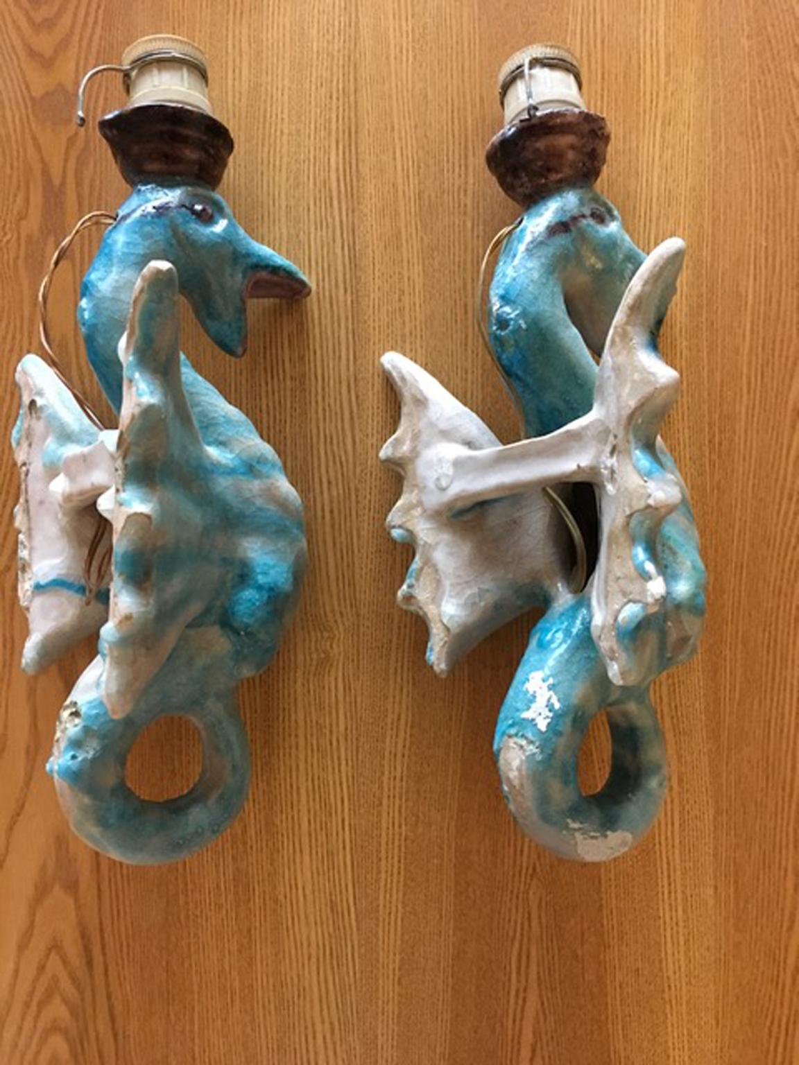 Italy Vintage Pair Blue Ceramic Sea Horse Wall Lights  In Good Condition In Brescia, IT