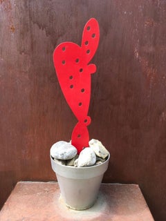 Italy Wrought Iron Red Cactus in Vase for Garden Decor