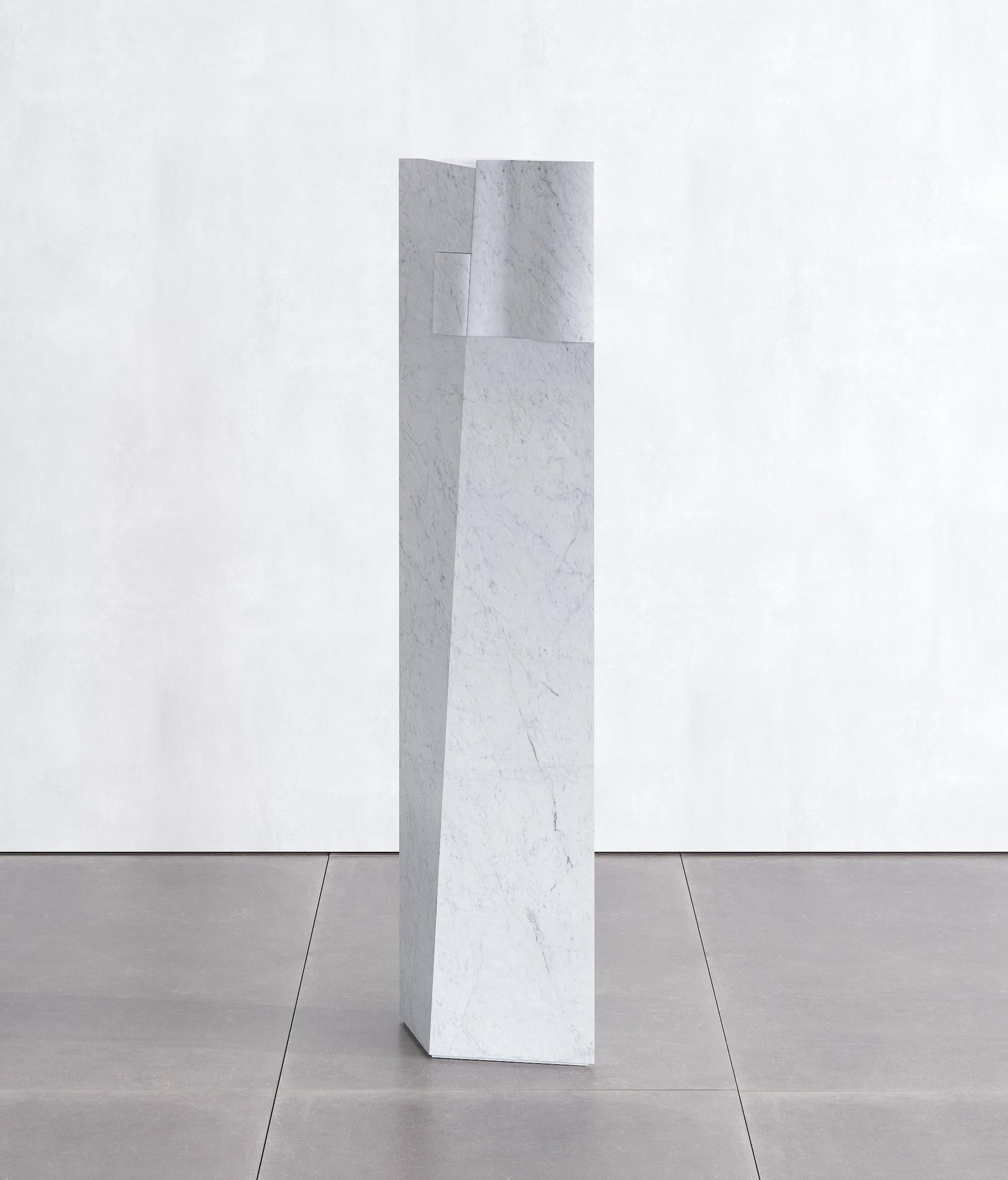 Item 3 A thrust sculpture by Scattered Disc Objects 
Limited Edition 8+4 AP.
Dimensions: D 37 x W 23 x H 133 cm 
Material: Bardiglio Marble.
Technique: hand carved marble, with sliding parts revealing small containers. Hand brushed.
Available