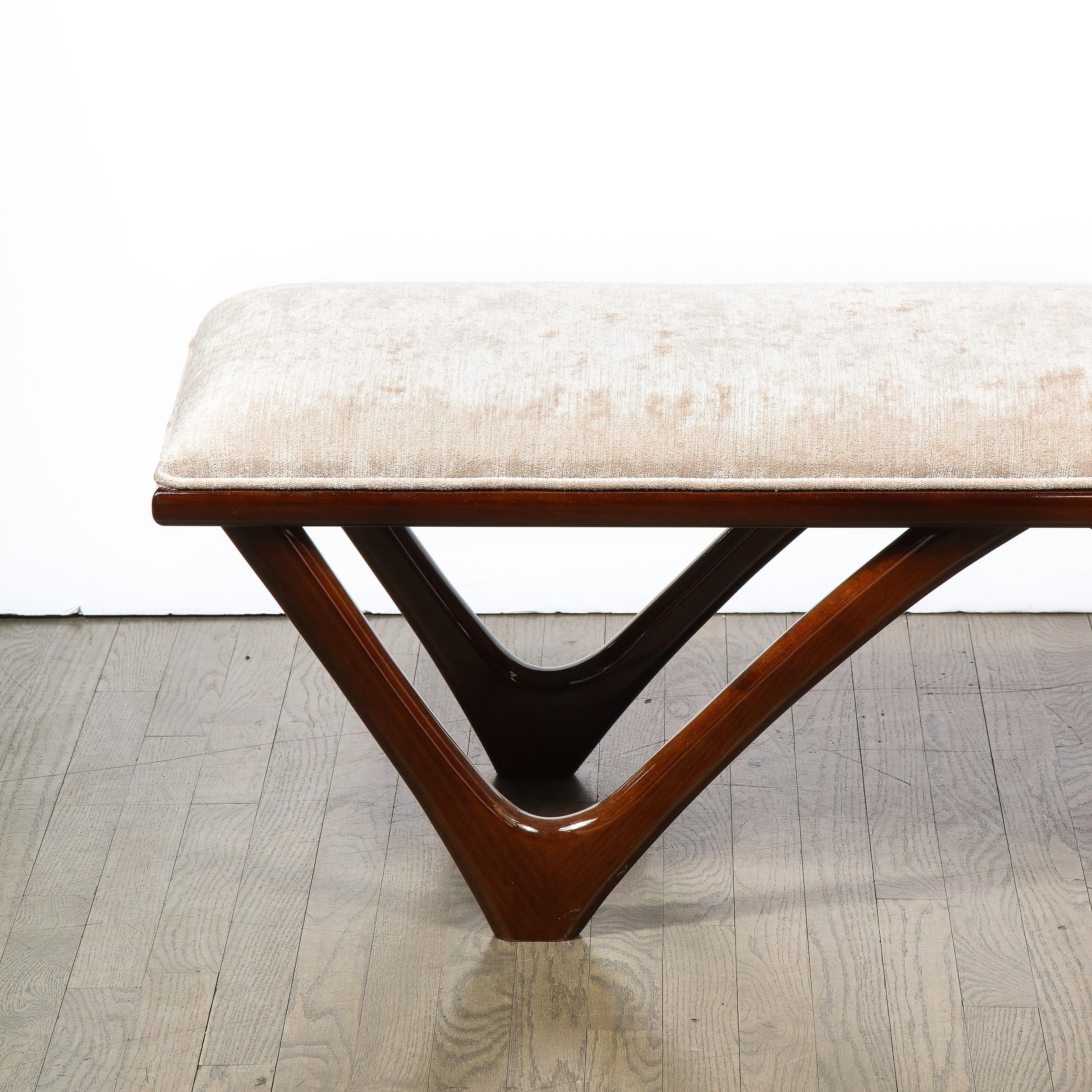 Mid-Century Modern Itialian Mid Century Modern Sculptural Graphic Walnut & Taupe Velvet Bench