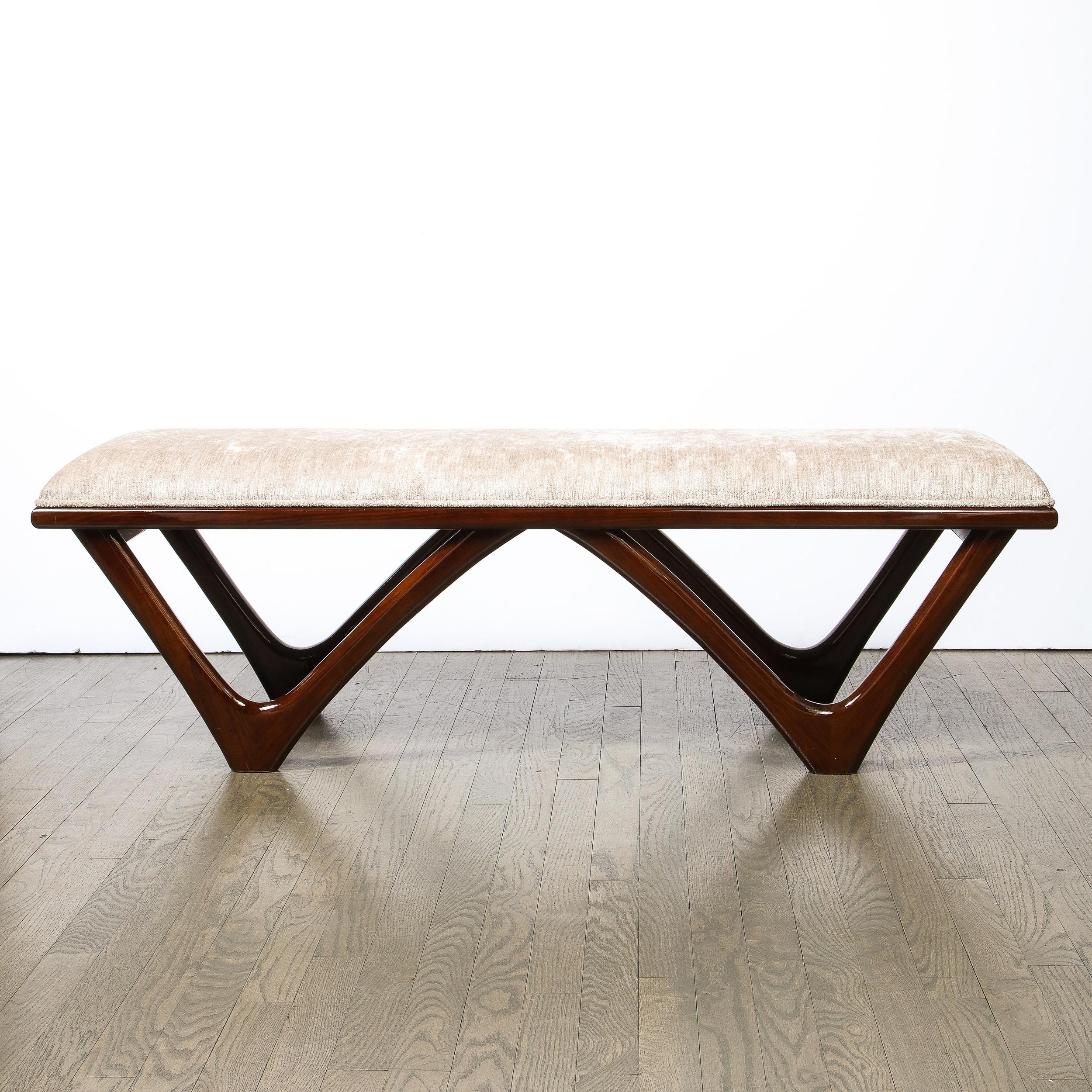 Itialian Mid Century Modern Sculptural Graphic Walnut & Taupe Velvet Bench 2