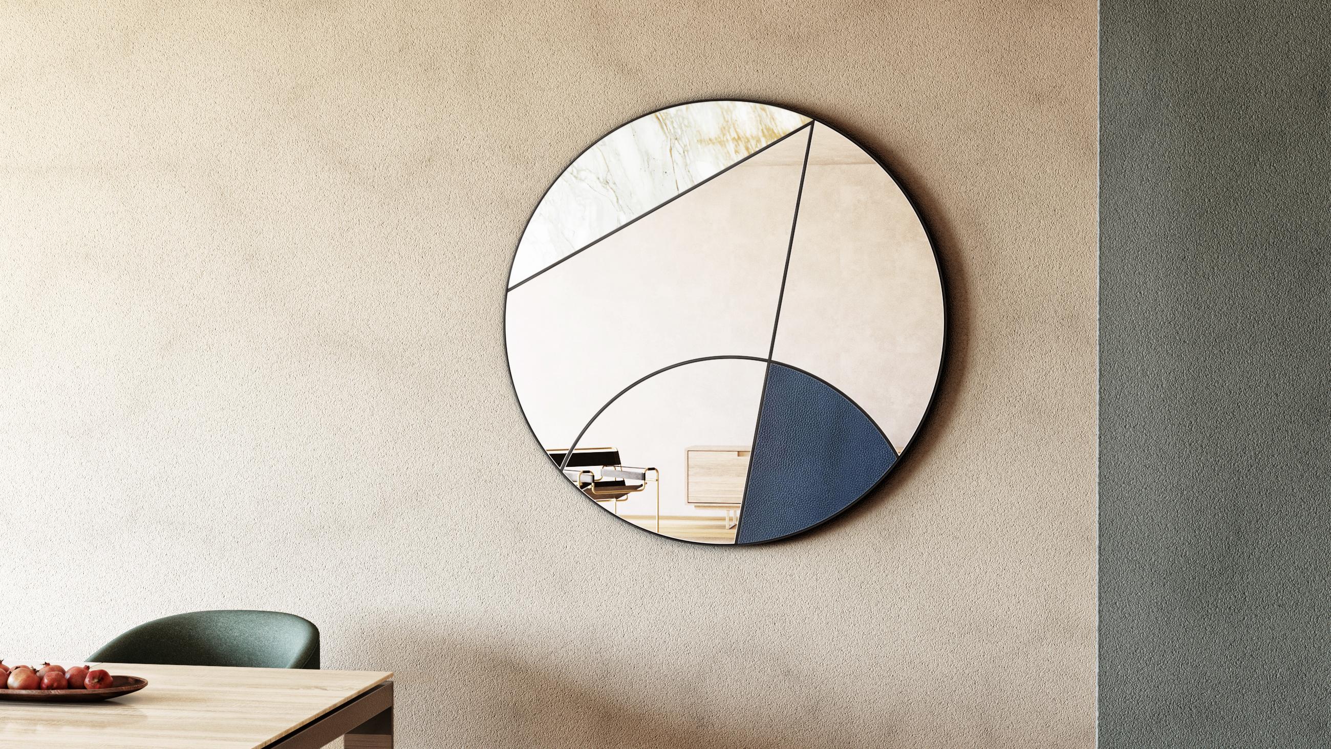 Itinera Eclipsis I 80 Wall Mirror by Atlas Project
Dimensions: D 3/5 x Ø 80 cm. 
Materials: Black powder painted iron, Calacatta Gold marble, blue leather, mirror, and wood.

Available in different finishes and sizes. Please contact
