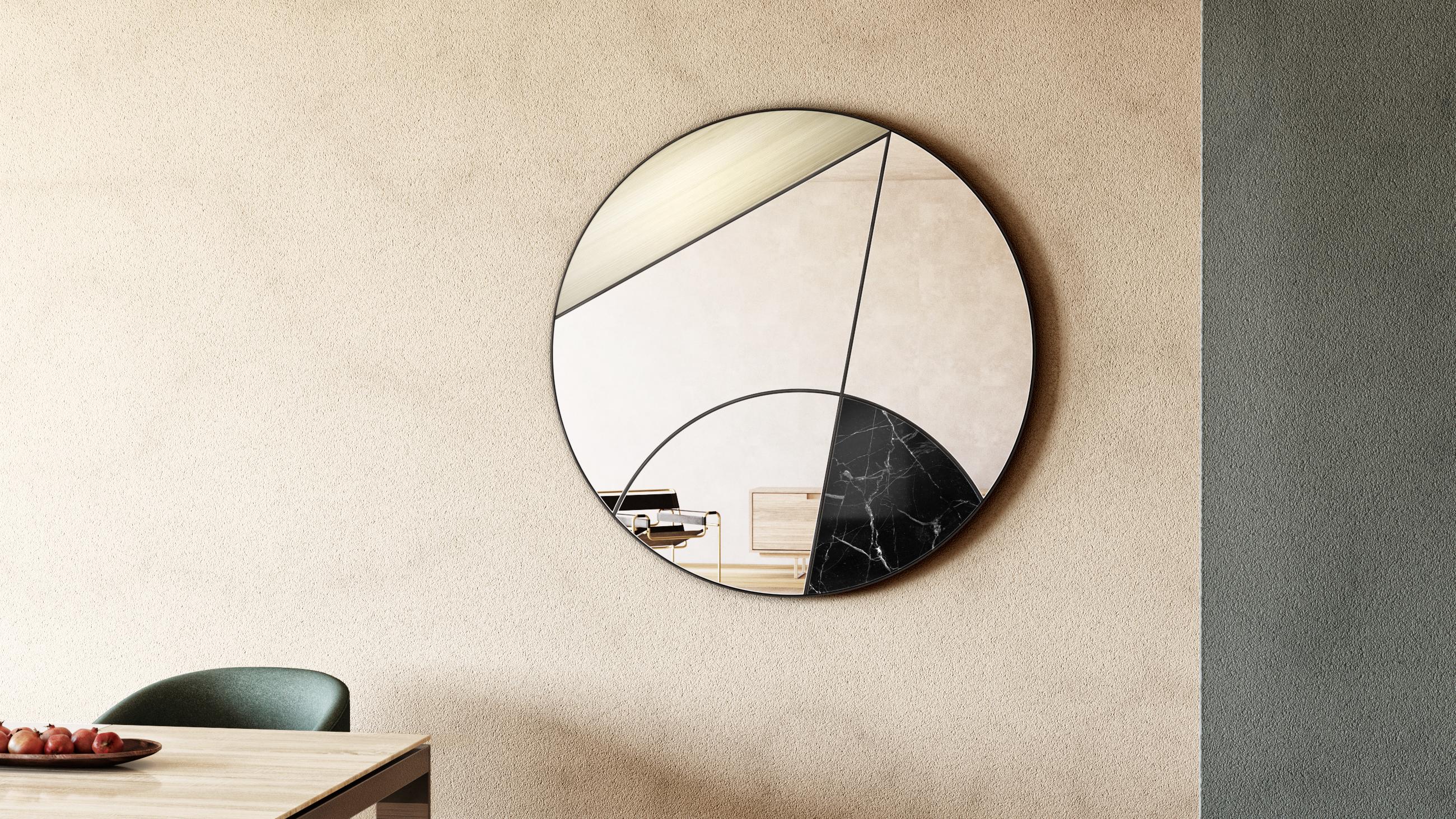 Miroir mural Itinera Eclipsis II 80 par Atlas Project
Dimensions : D 3/5 x Ø 80 cm. 
MATERIAL : Fer peint à la poudre noire, marbre Marquinia noir, laiton brossé, miroir et bois.

Disponible en différentes finitions et tailles. Veuillez nous