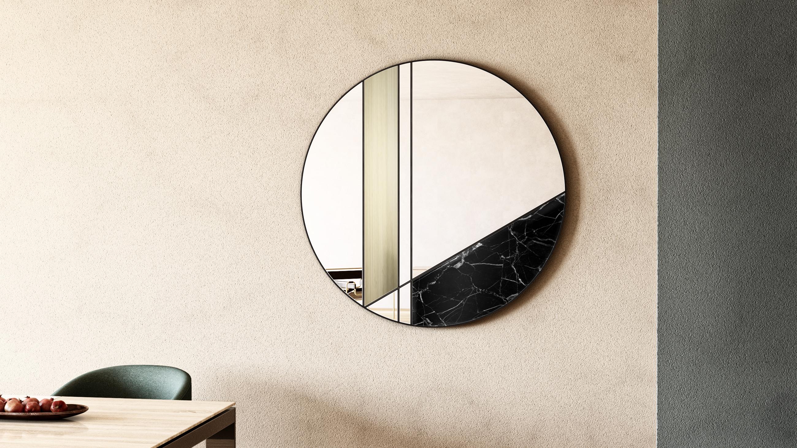 Miroir mural Itinera Lamina II 90 par Atlas Project
Dimensions : D 3/5 x Ø 90 cm. 
MATERIAL : Fer peint à la poudre noire, marbre Marquinia noir, laiton brossé, miroir et bois.

Disponible en différentes finitions et tailles. Veuillez nous