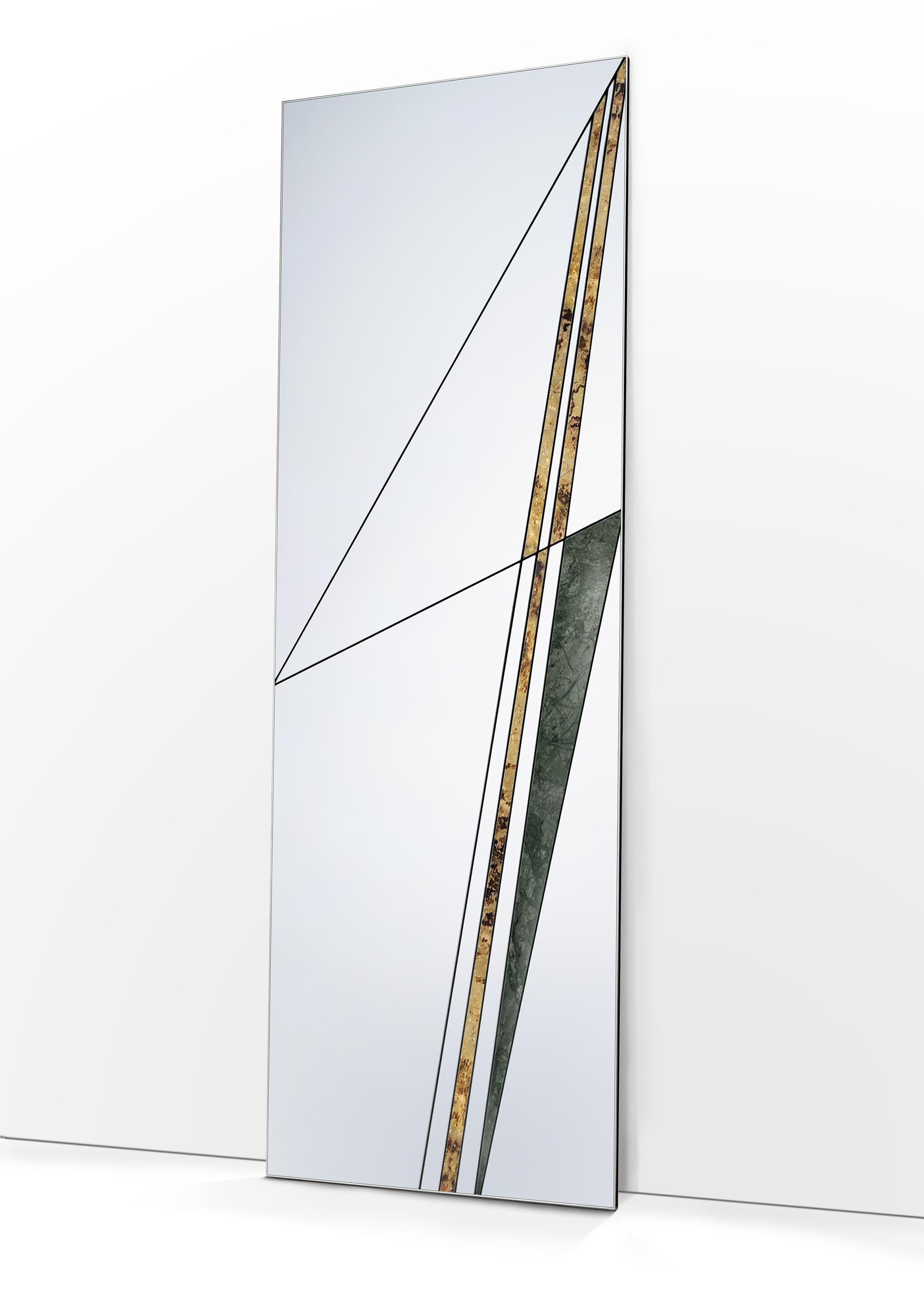 Itinera Via III Standing Mirror by Atlas Project
Dimensions: D 3 x W 55 x H 170 cm. 
Materials: Black powder painted Iron, mirror, antique brass, Green Guatemala marble, and wood.

Our Project
The synergy between a thirty-year Italian craft
