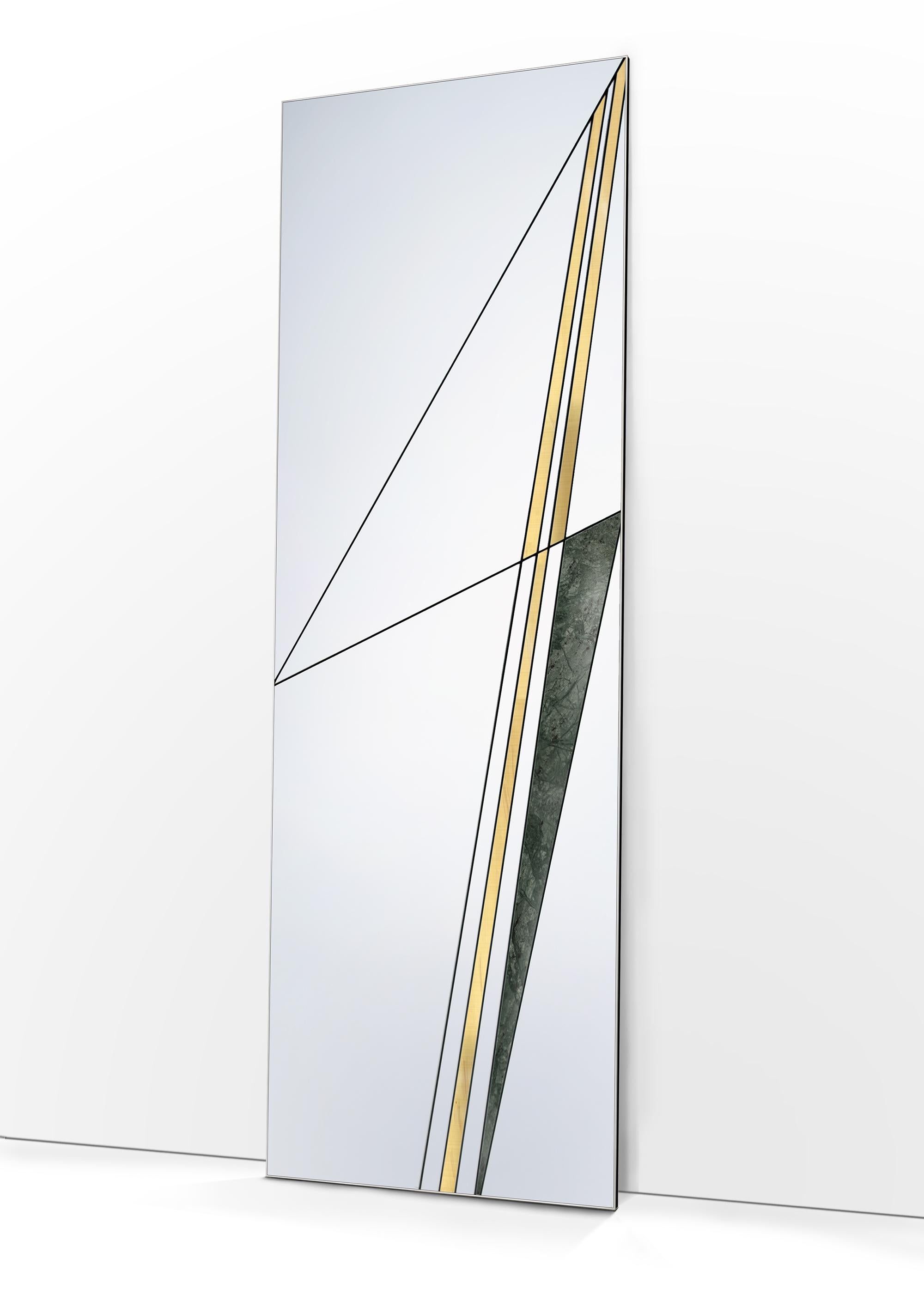 Itinera Via IV Standing Mirror by Atlas Project
Dimensions: D 3 x W 55 x H 170 cm. 
Materials: Black powder painted Iron, mirror, brushed brass, Green Guatemala marble, and wood.

Our Project
The synergy between a thirty-year Italian craft