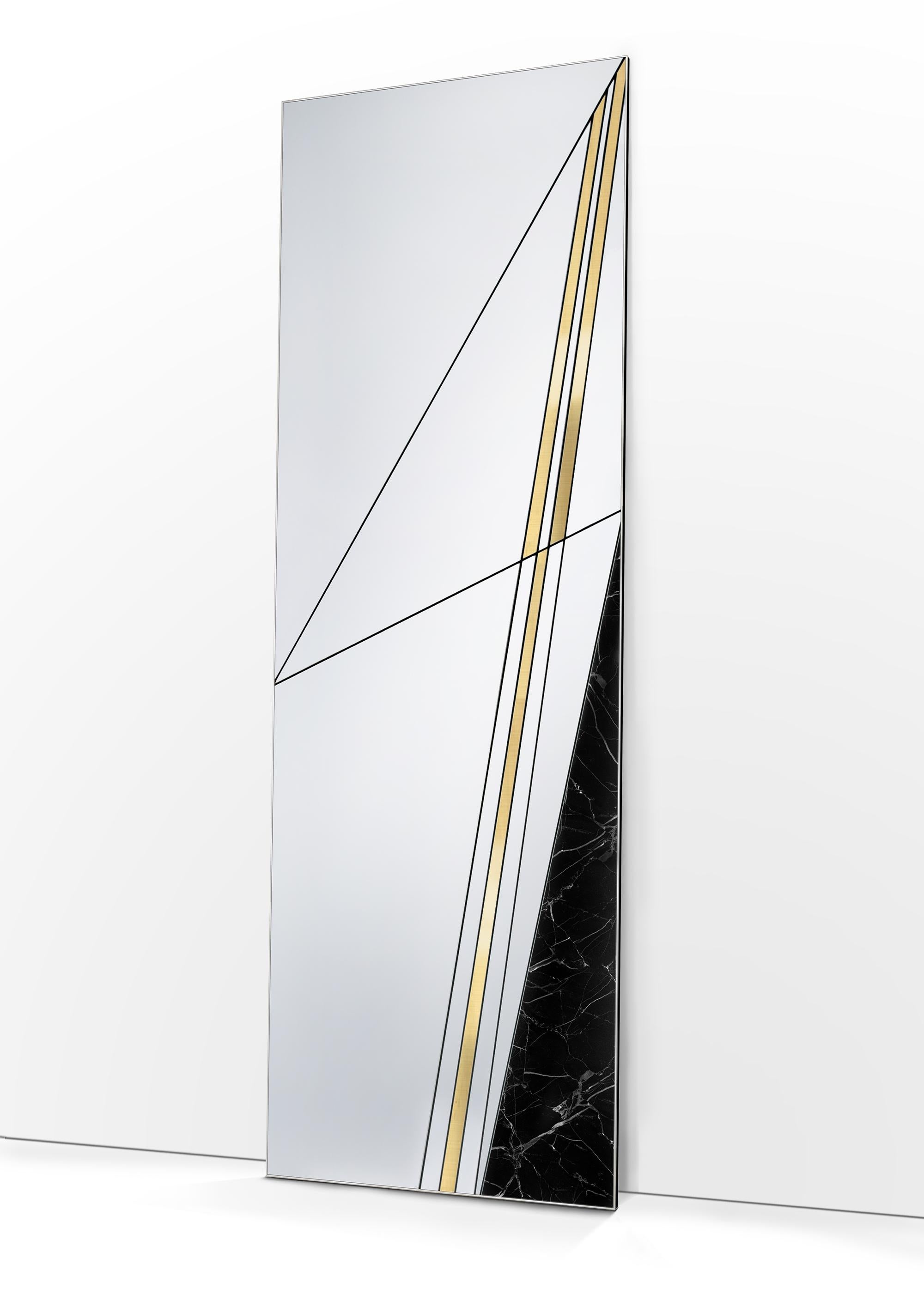 Itinera Via III Standing Mirror by Atlas Project
Dimensions: D 3 x W 55 x H 170 cm. 
Materials: Black powder painted Iron, mirror, brushed brass, Nero Marquina marble, and wood.

Our Project
The synergy between a thirty-year Italian craft experience