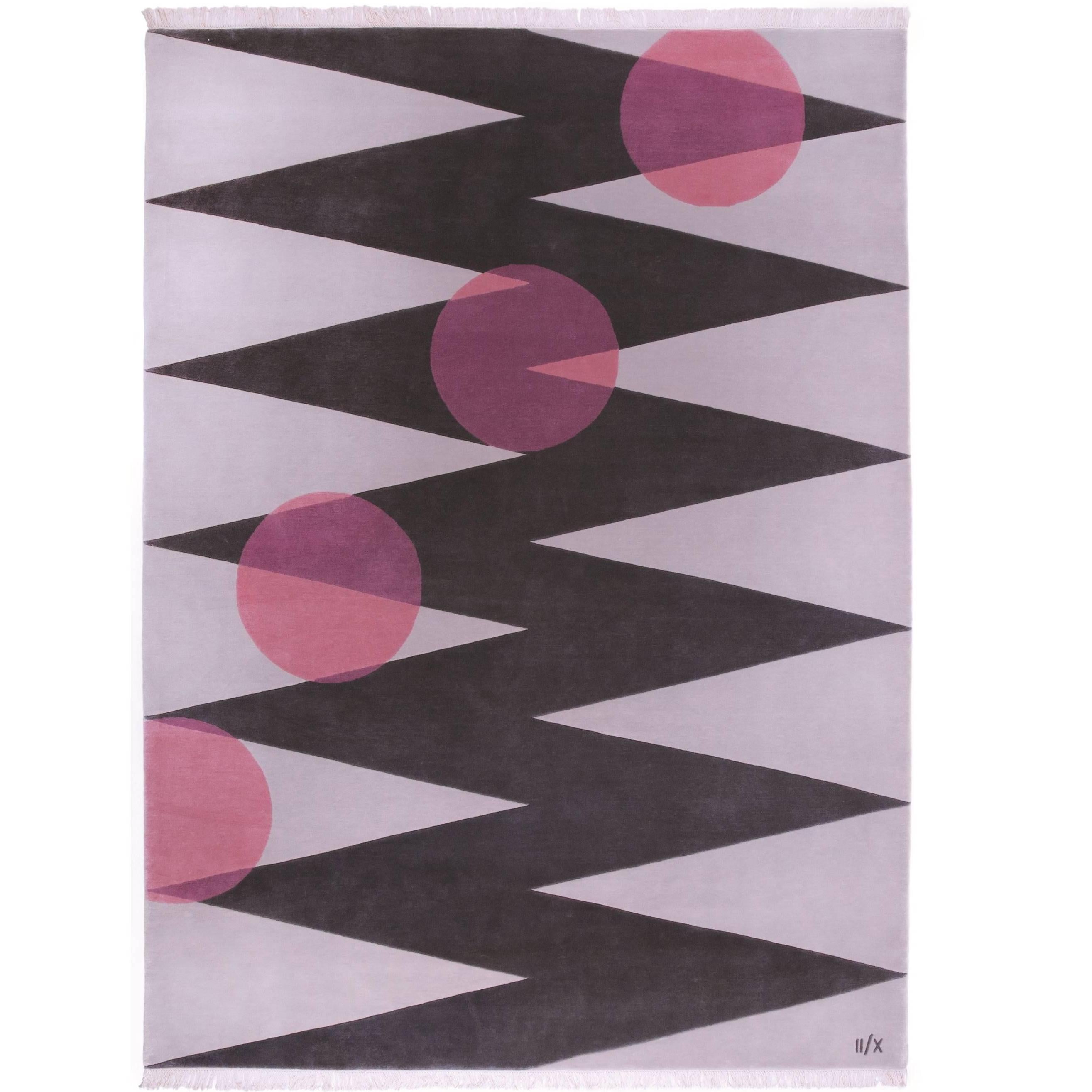 Teppich Zigzag Rosa - Moderner geometrischer hellgrauer Wollteppich in Lavendelrot mit runden Wollteppich