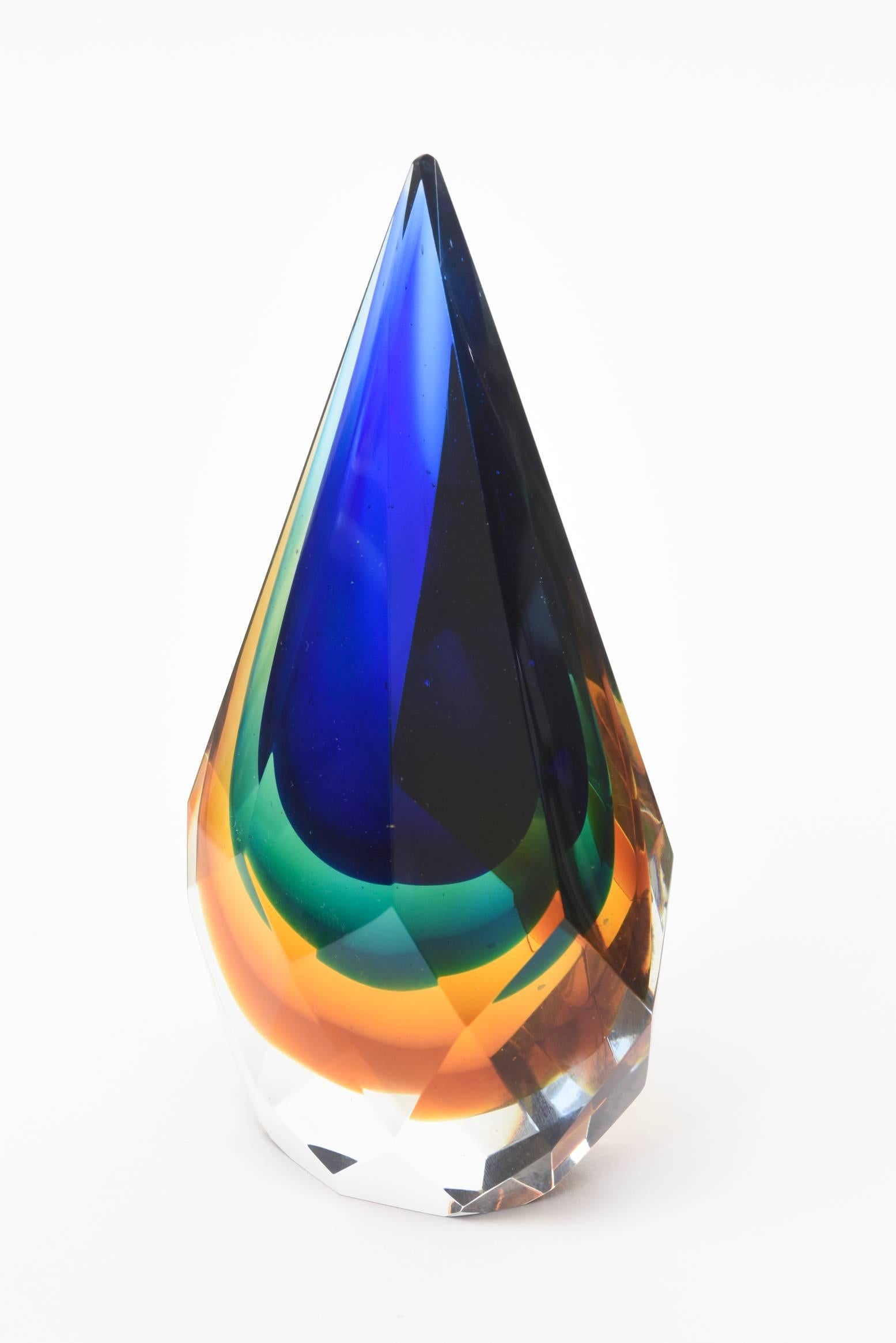 Modern Italian Murano Diamond Faceted Sommerso Glass Paperweight or Sculpture