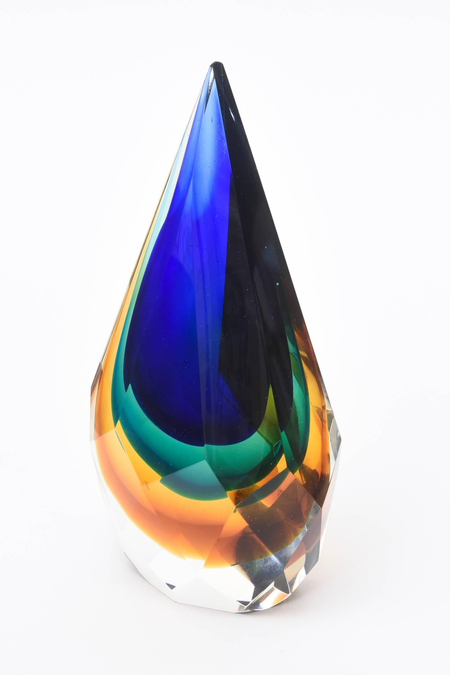 Late 20th Century Italian Murano Diamond Faceted Sommerso Glass Paperweight or Sculpture