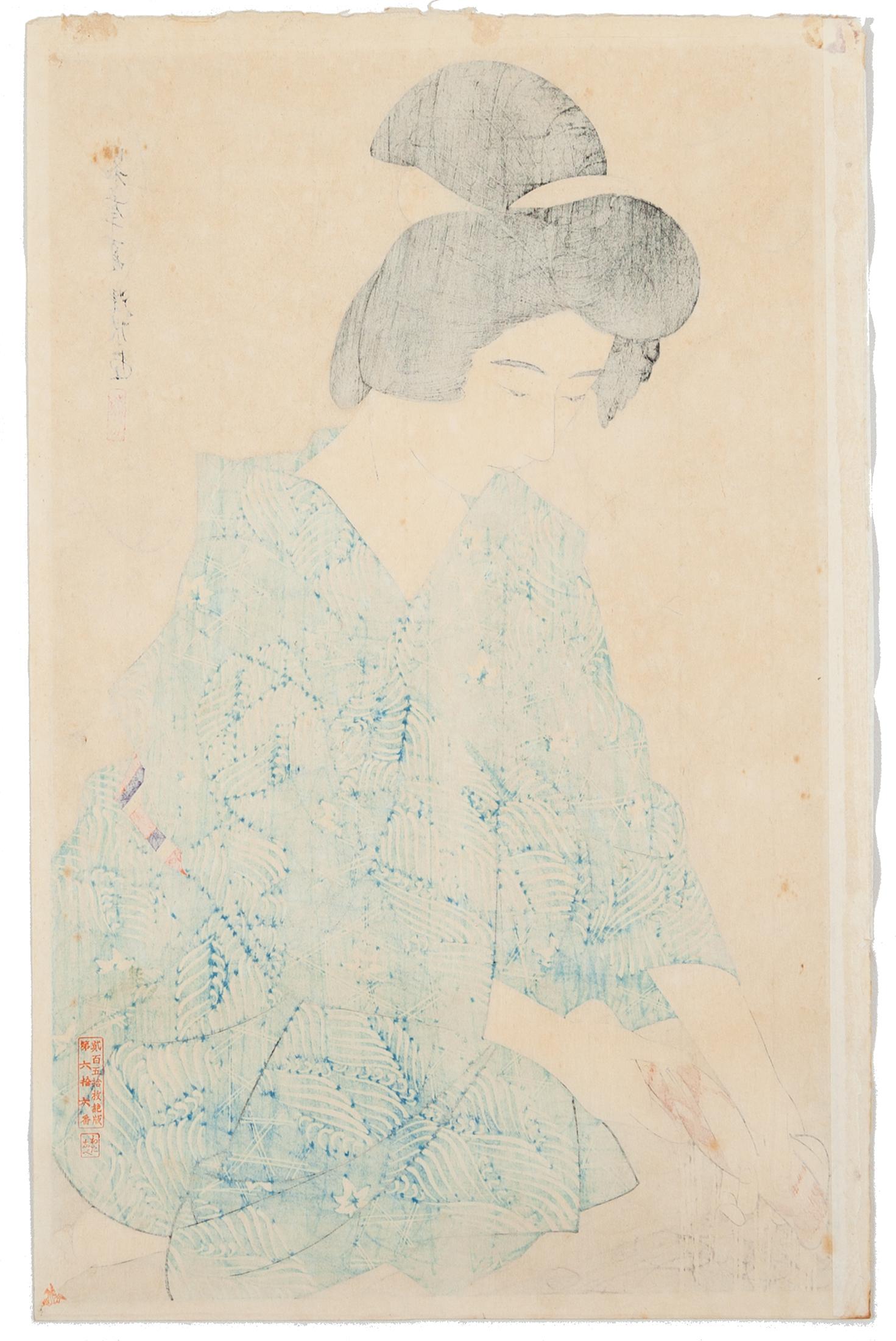 Künstler: Ito Shinsui (1898-1972)
Titel: Nach dem Baden 
Herausgeber: Watanabe Shozaburo 
Datum: 1930
Auflage: 66/250
Abmessungen: 17 x 42,7 cm

Eine junge Frau, gekleidet in ein Baumwollgewand mit stilisierten Wellen und Ahornblättern,