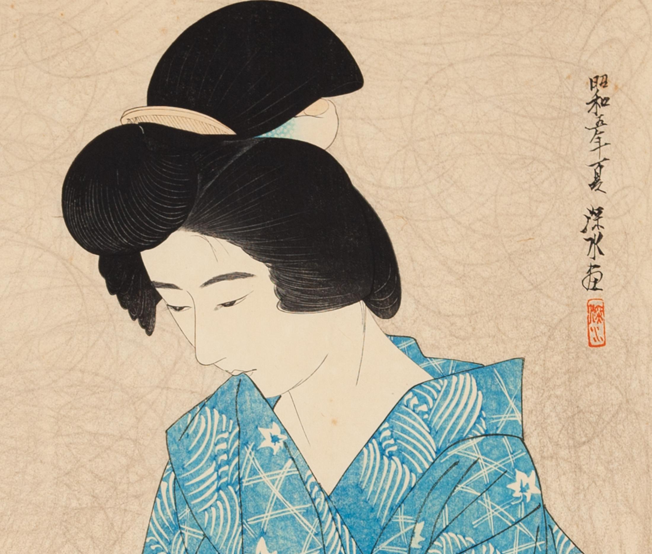 Showa Ito Shinsui, After Bathing, estampe sur bois japonaise originale, Shin Hanga, bleu en vente