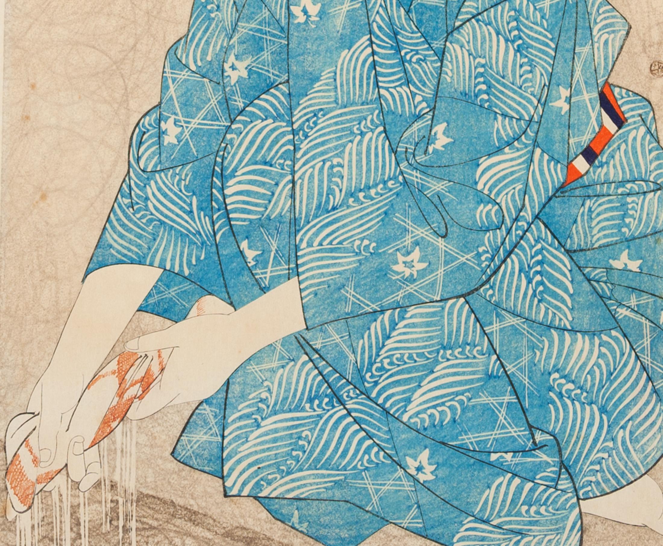 Japonais Ito Shinsui, After Bathing, estampe sur bois japonaise originale, Shin Hanga, bleu en vente