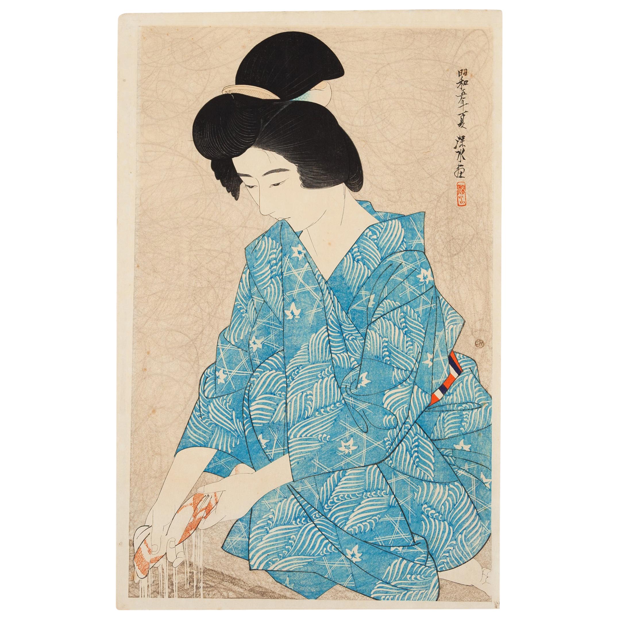 Ito Shinsui, After Bathing, estampe sur bois japonaise originale, Shin Hanga, bleu en vente