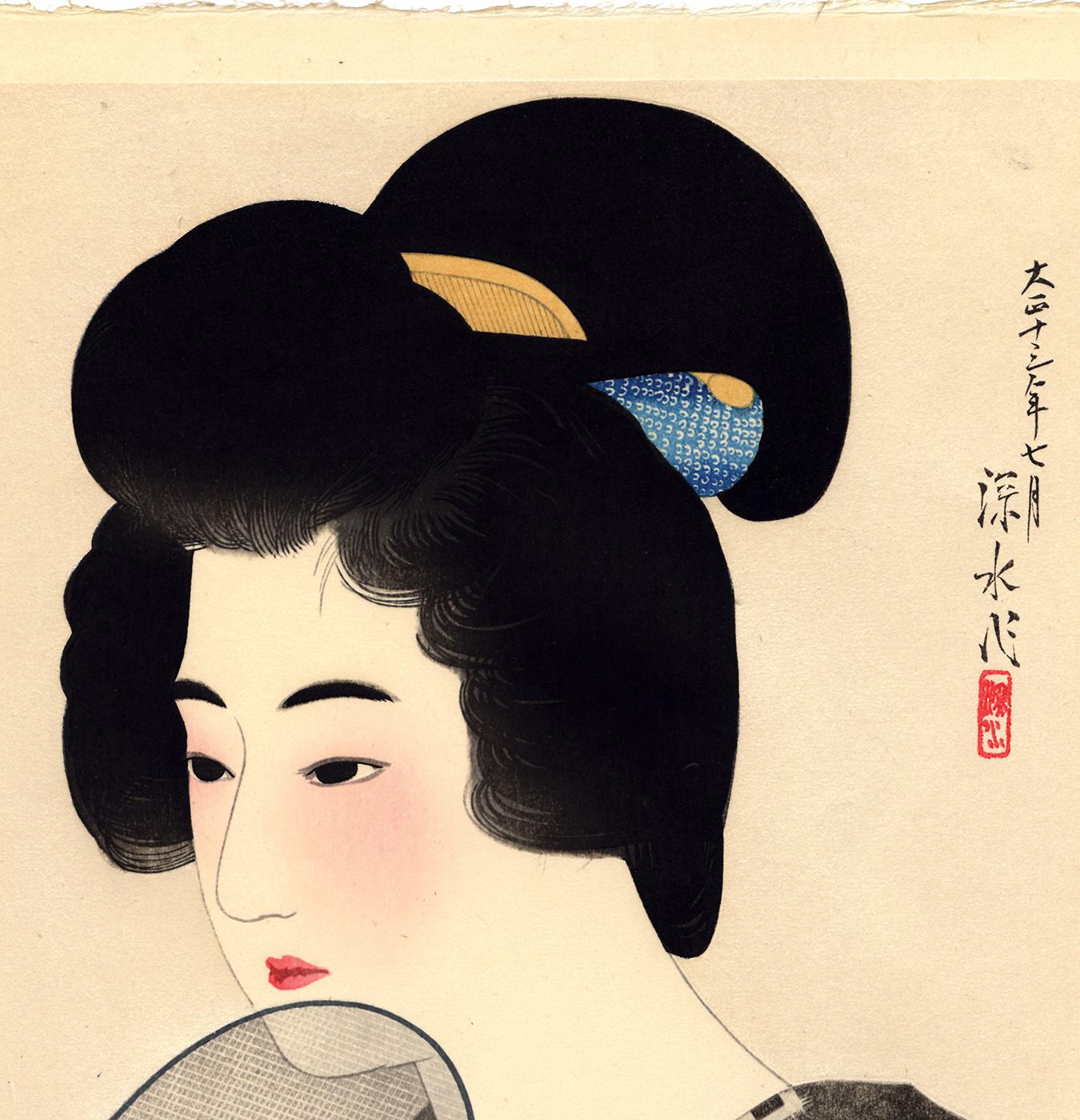 Beauty Holding Fan with Mica Background - White Figurative Print by Ito Shinsui
