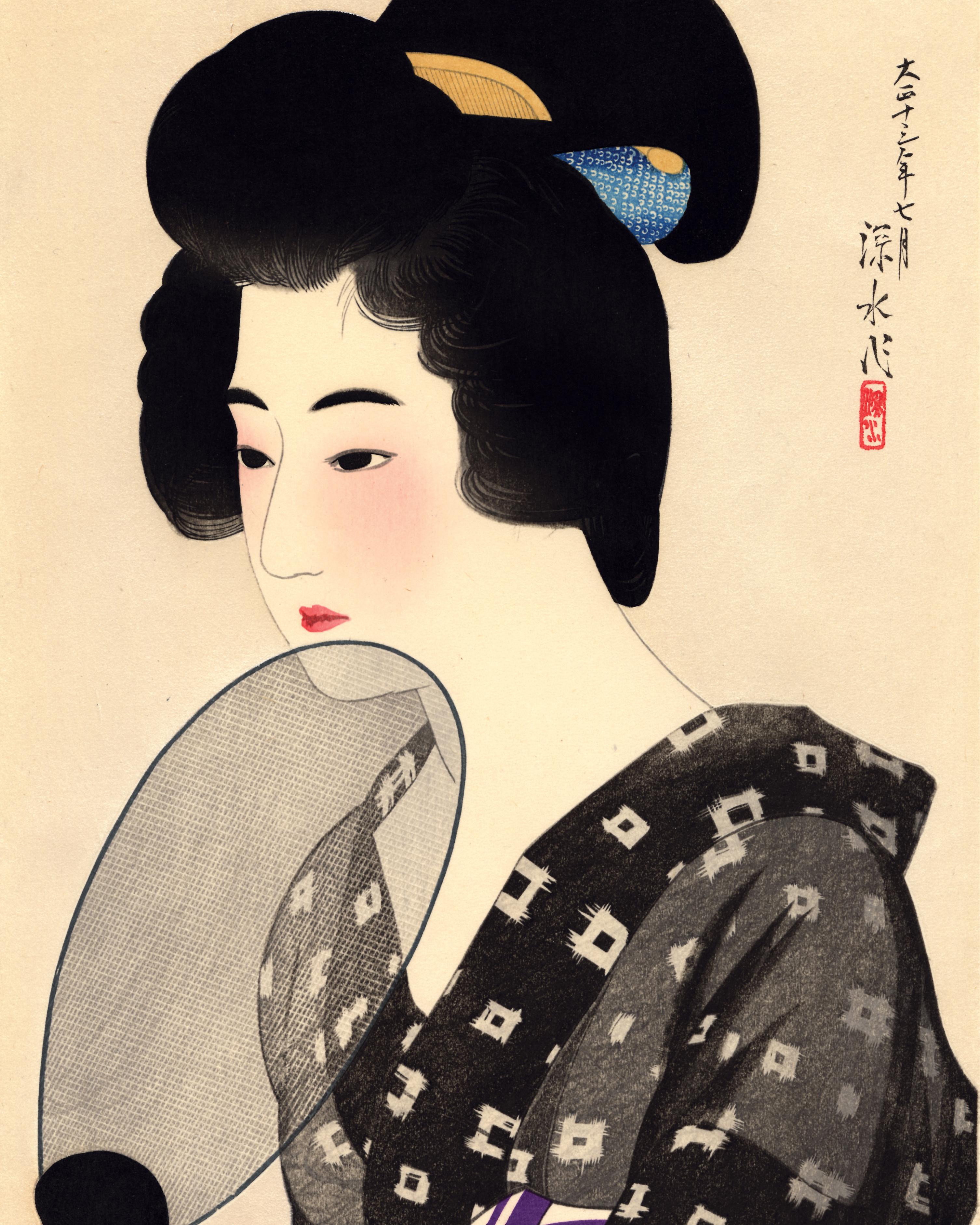 Beauty Holding Fan with Mica Background - White Figurative Print by Ito Shinsui