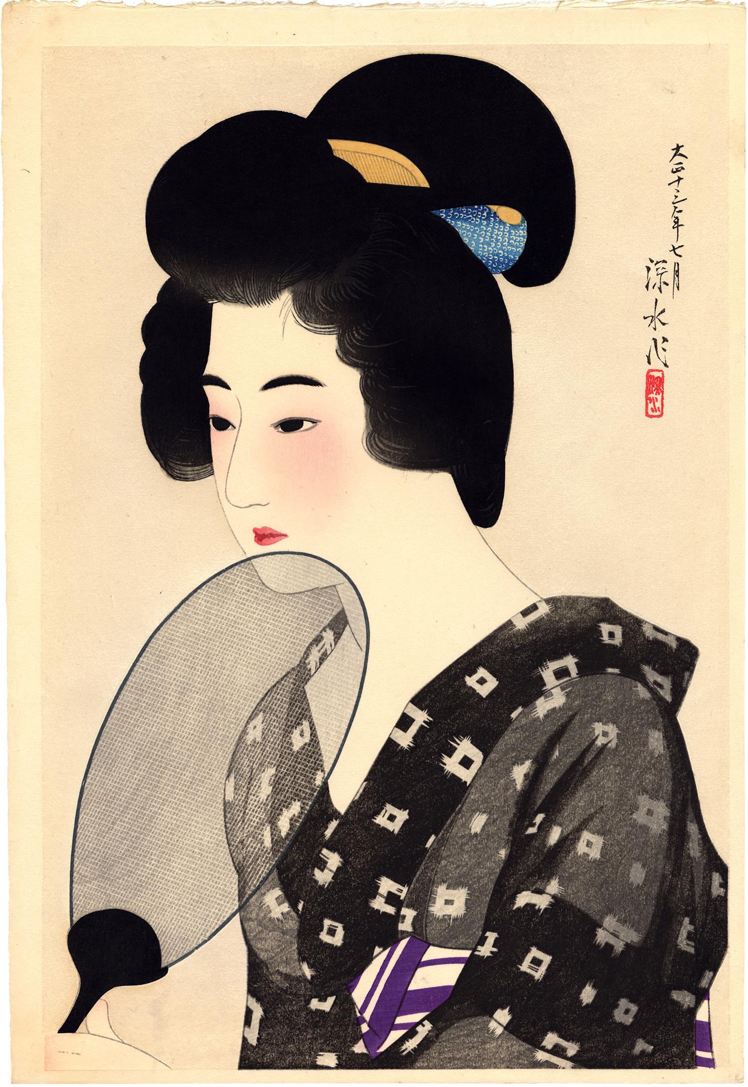 Ito Shinsui Figurative Print - Beauty Holding Fan with Mica Background